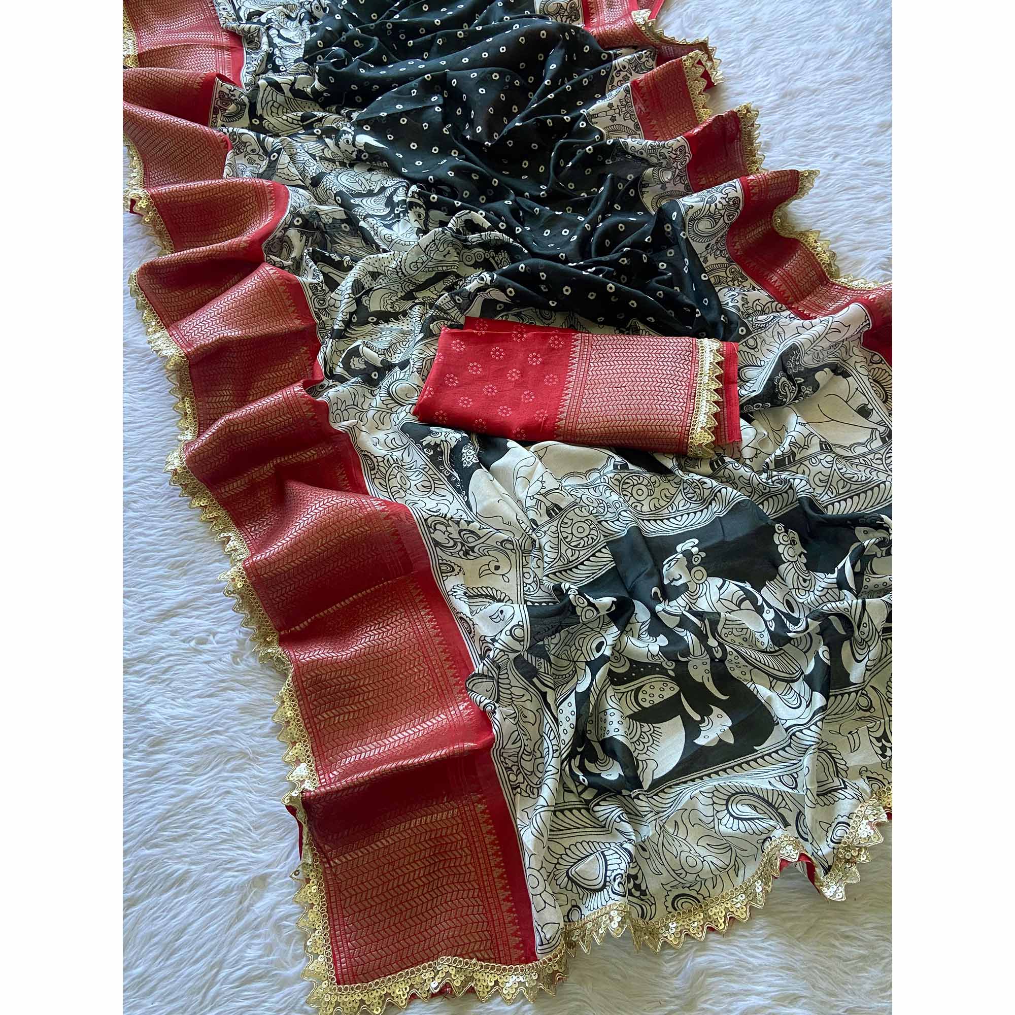 Black Printed Dola Silk Saree With Zari Border