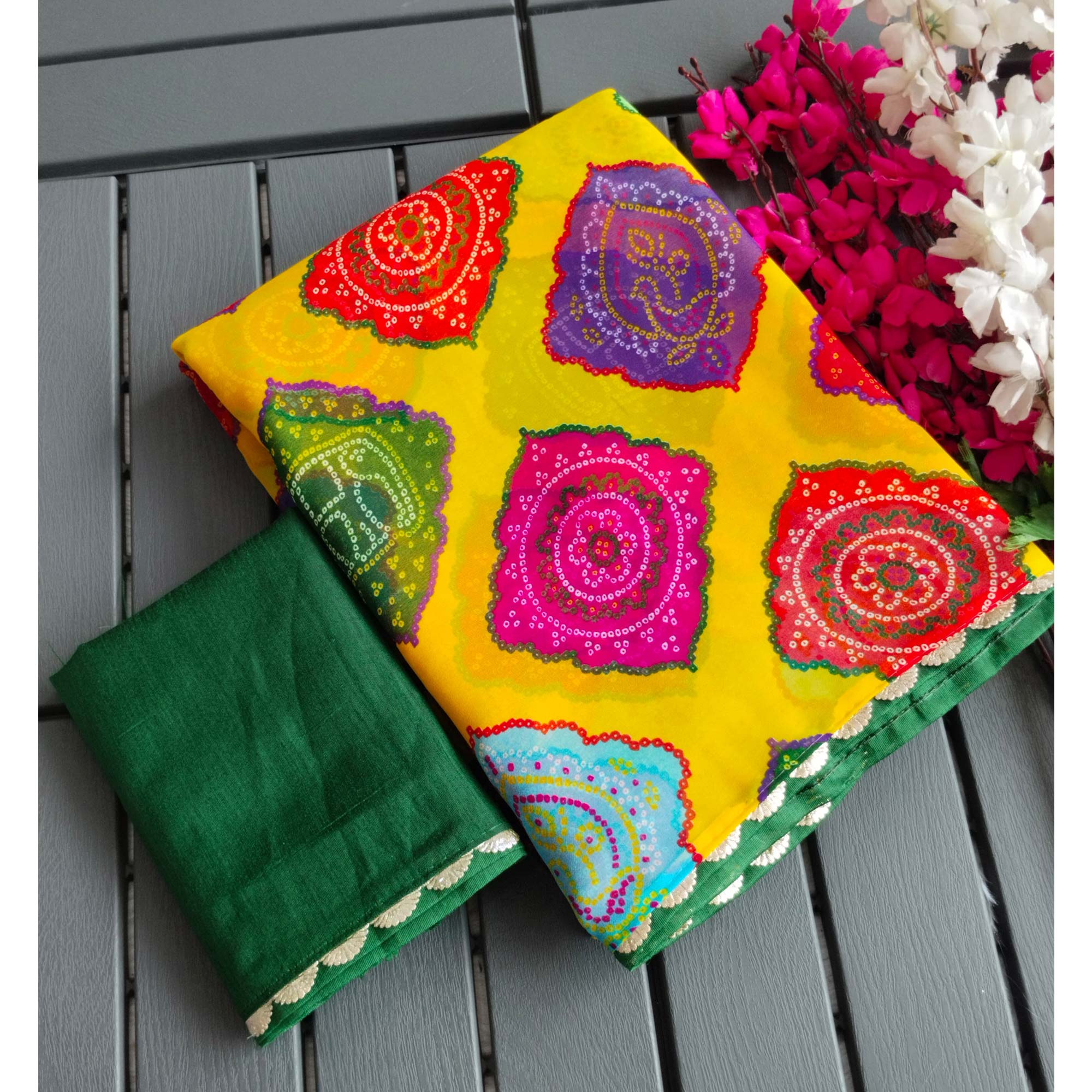 Yellow Georgette Saree with Traditional Bandhani Prints