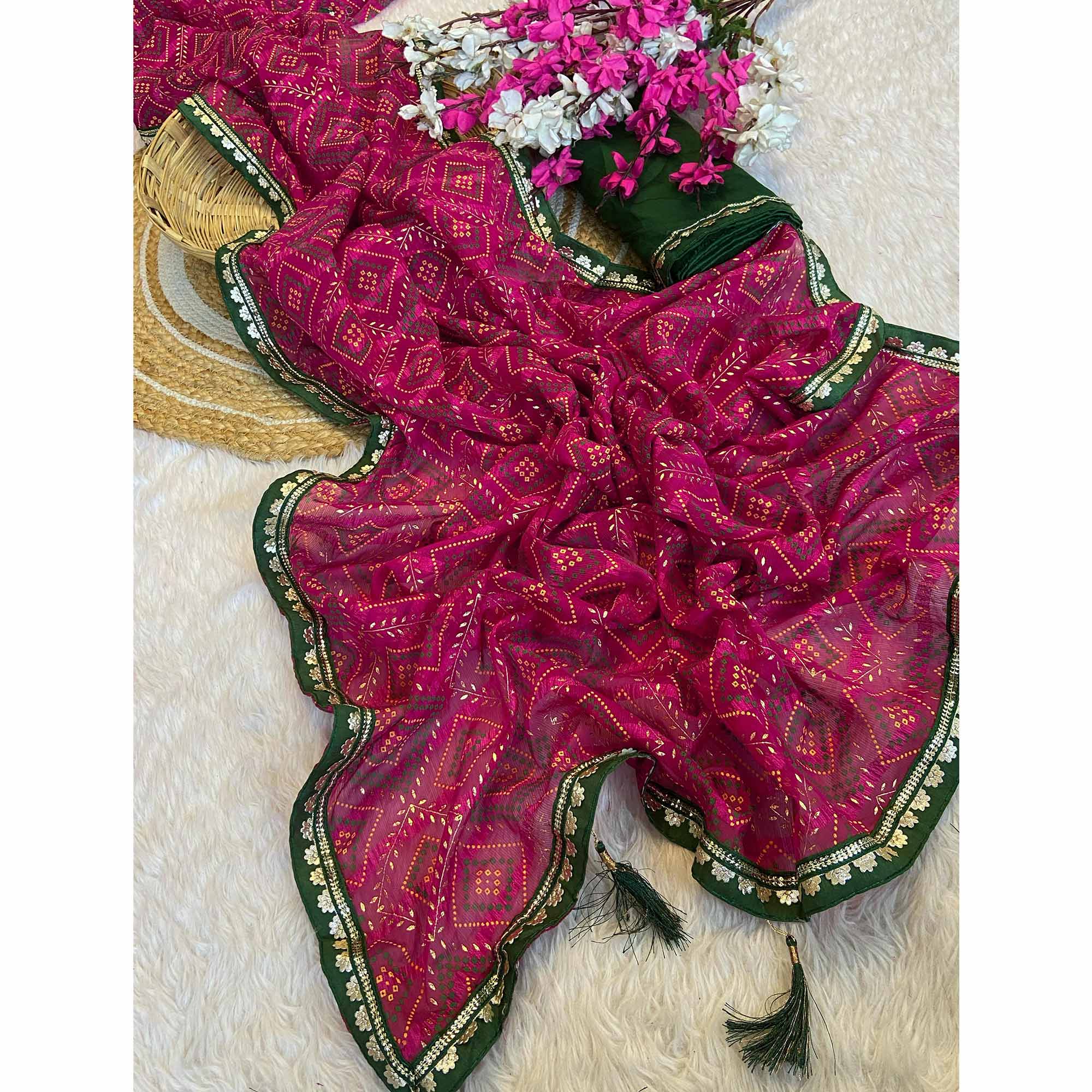 Pink Bandhani Foil Printed Chiffon Saree