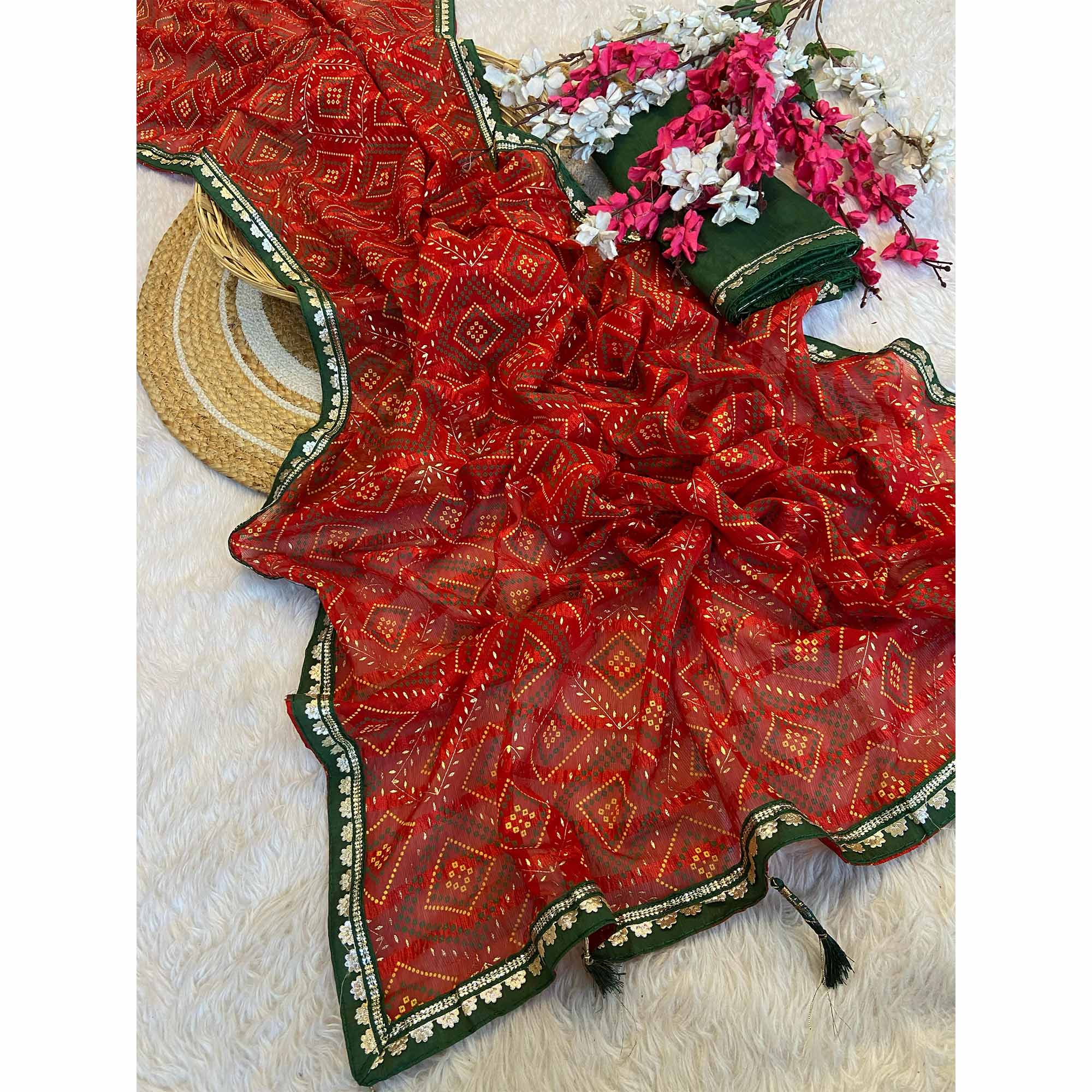 Red Bandhani Foil Printed Chiffon Saree
