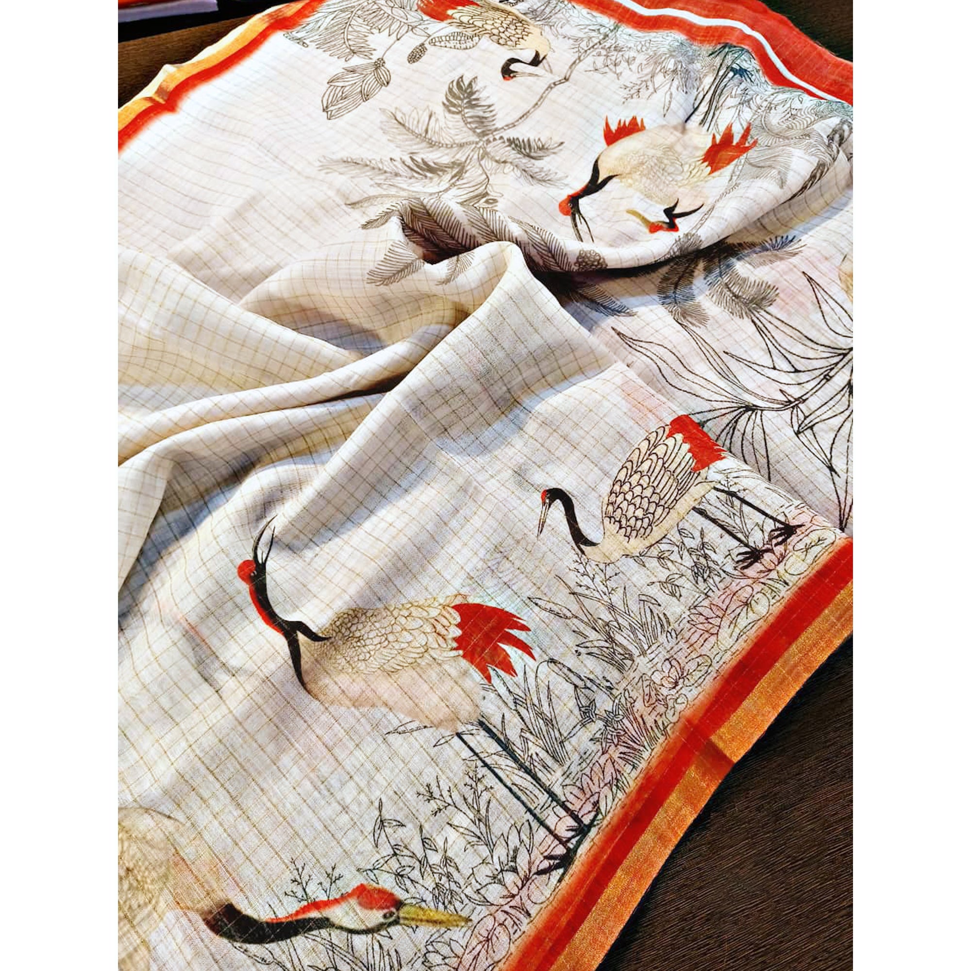 Off White and Red Checkered Printed Linen Saree with a Breezy Feel