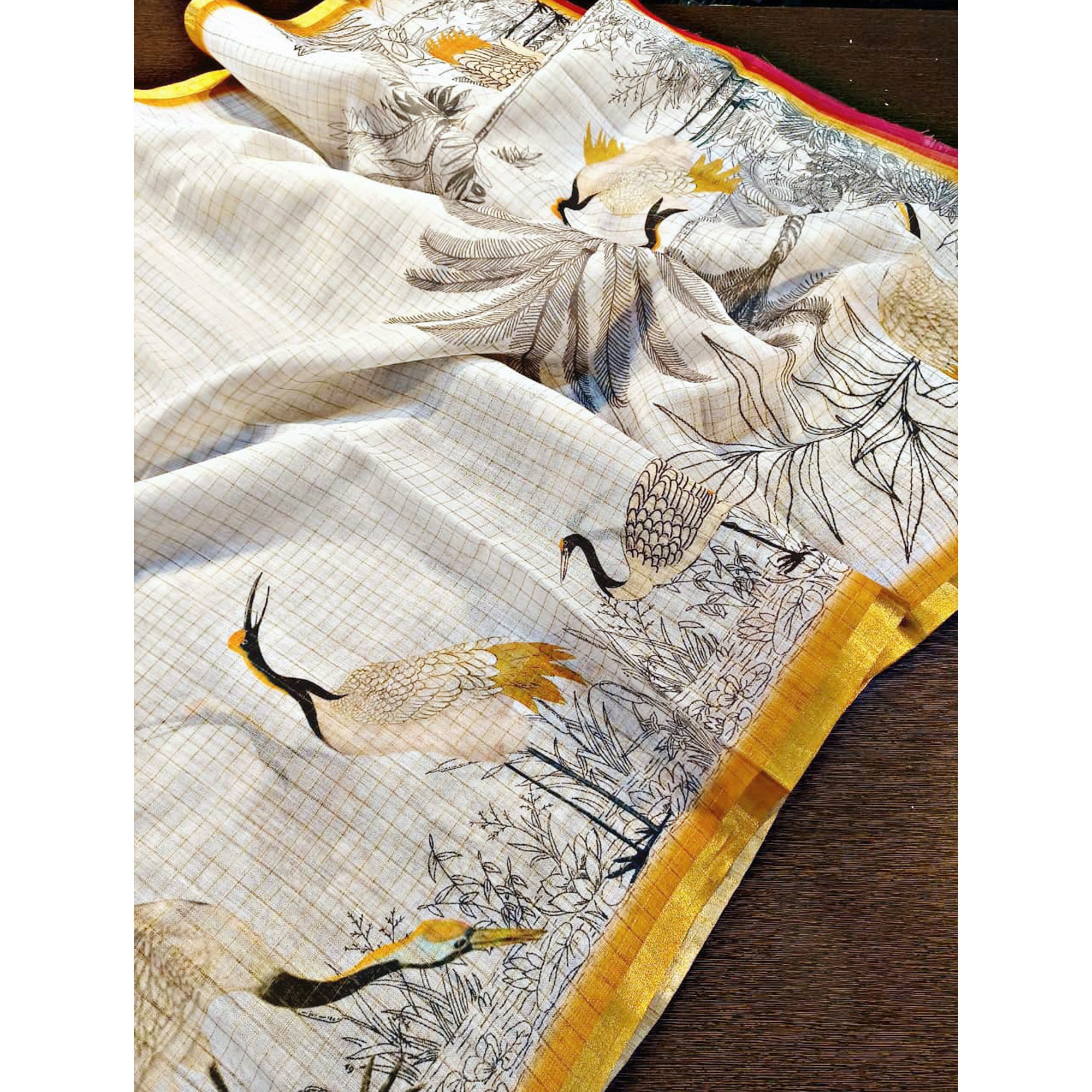 Off White and Mustard Checkered Printed Linen Saree with a Breezy Feel