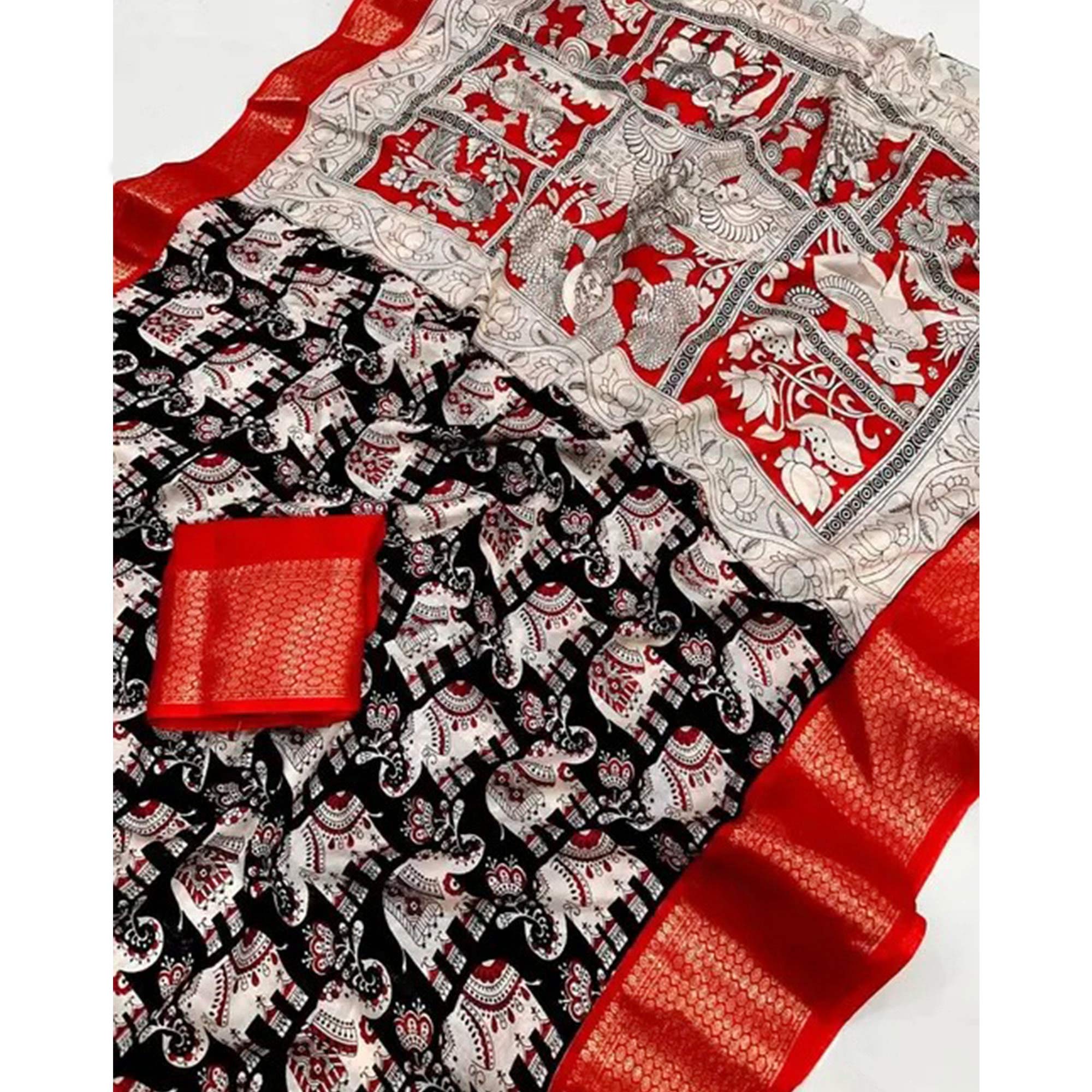 Black & Red Floral Printed Dola Silk Saree With Woven Border