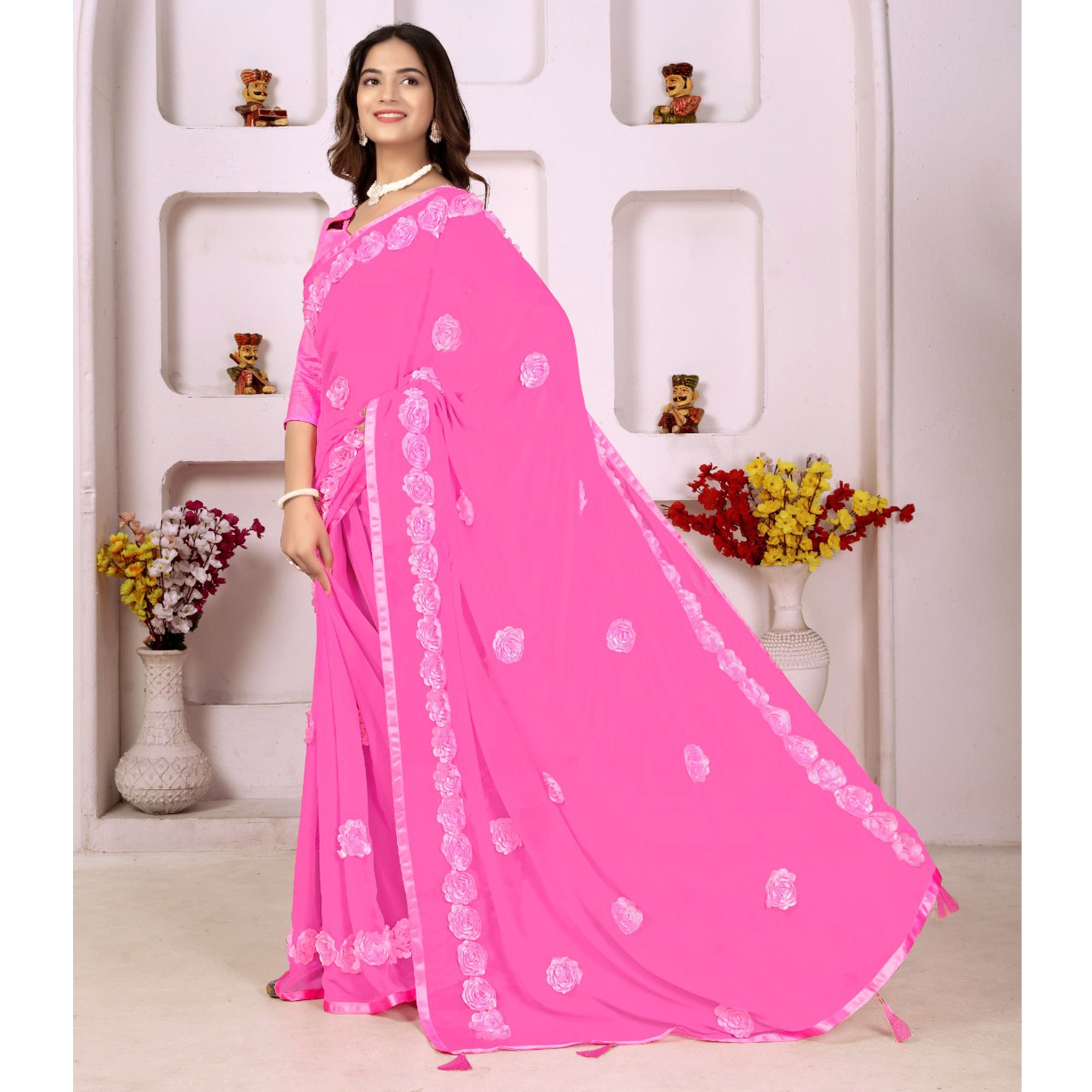 Pink Ribbon Flower Embroidered Georgette Saree