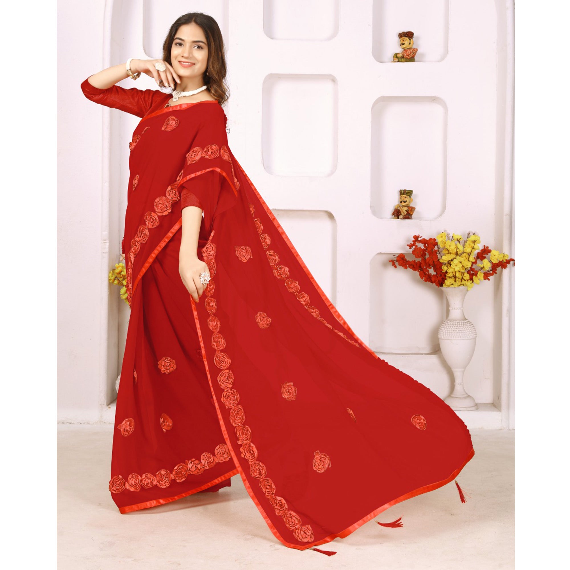 Red Ribbon Flower Embroidered Georgette Saree