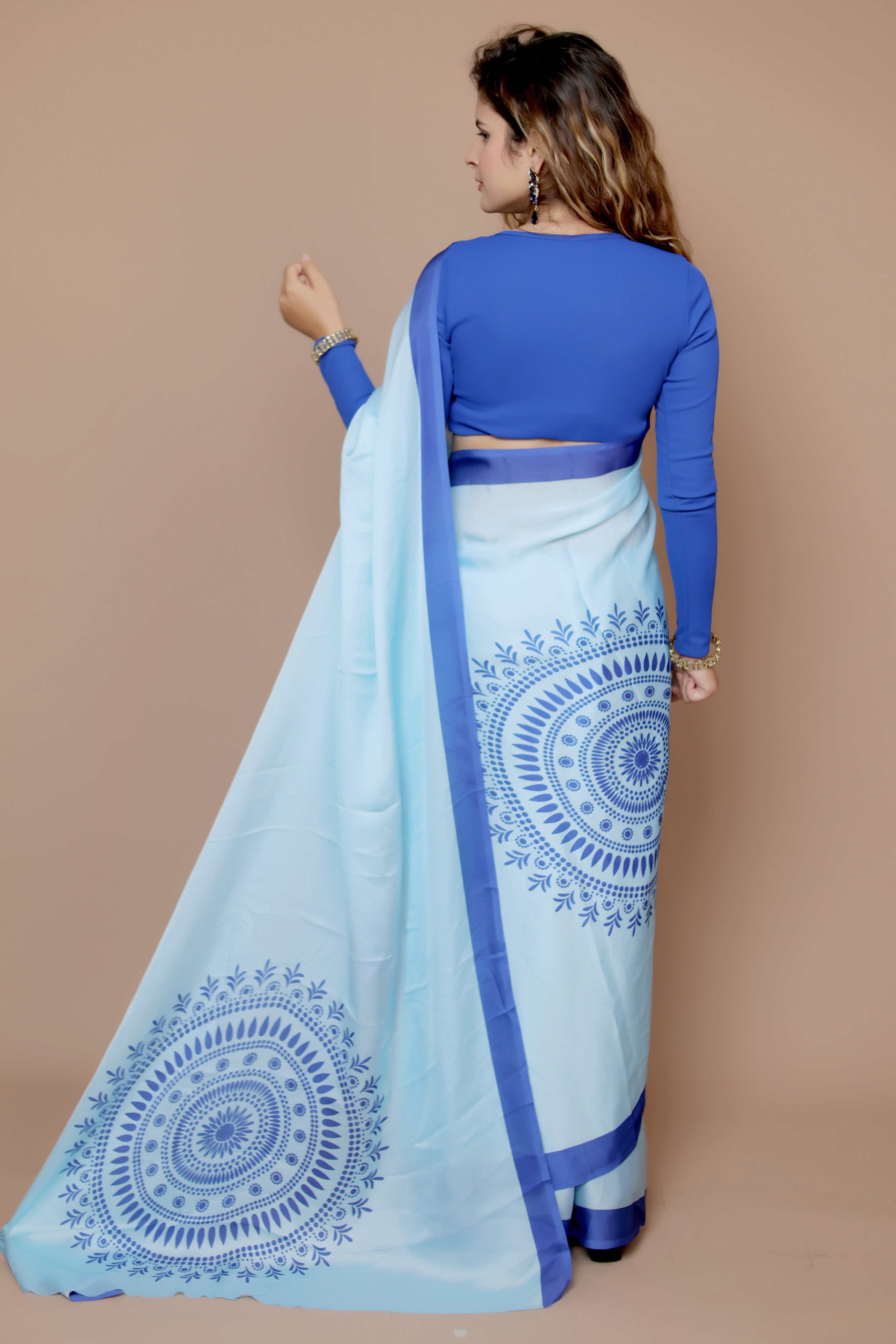Blue Designer Freehand Saree In Satin Georgette With Striking Digital Print