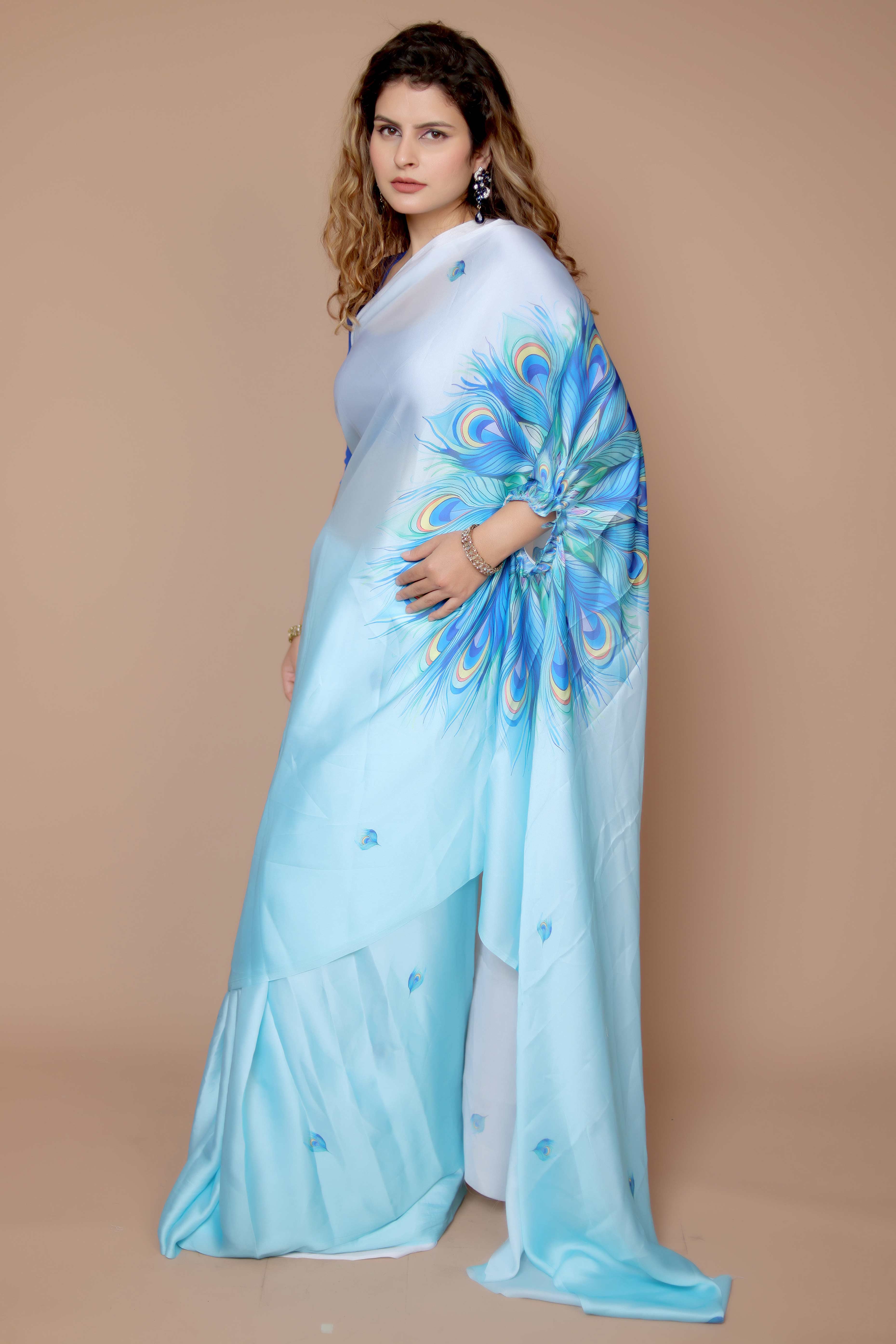 Blue & White Designer Freehand Ombre Saree In Satin Georgette With Striking Digital Print