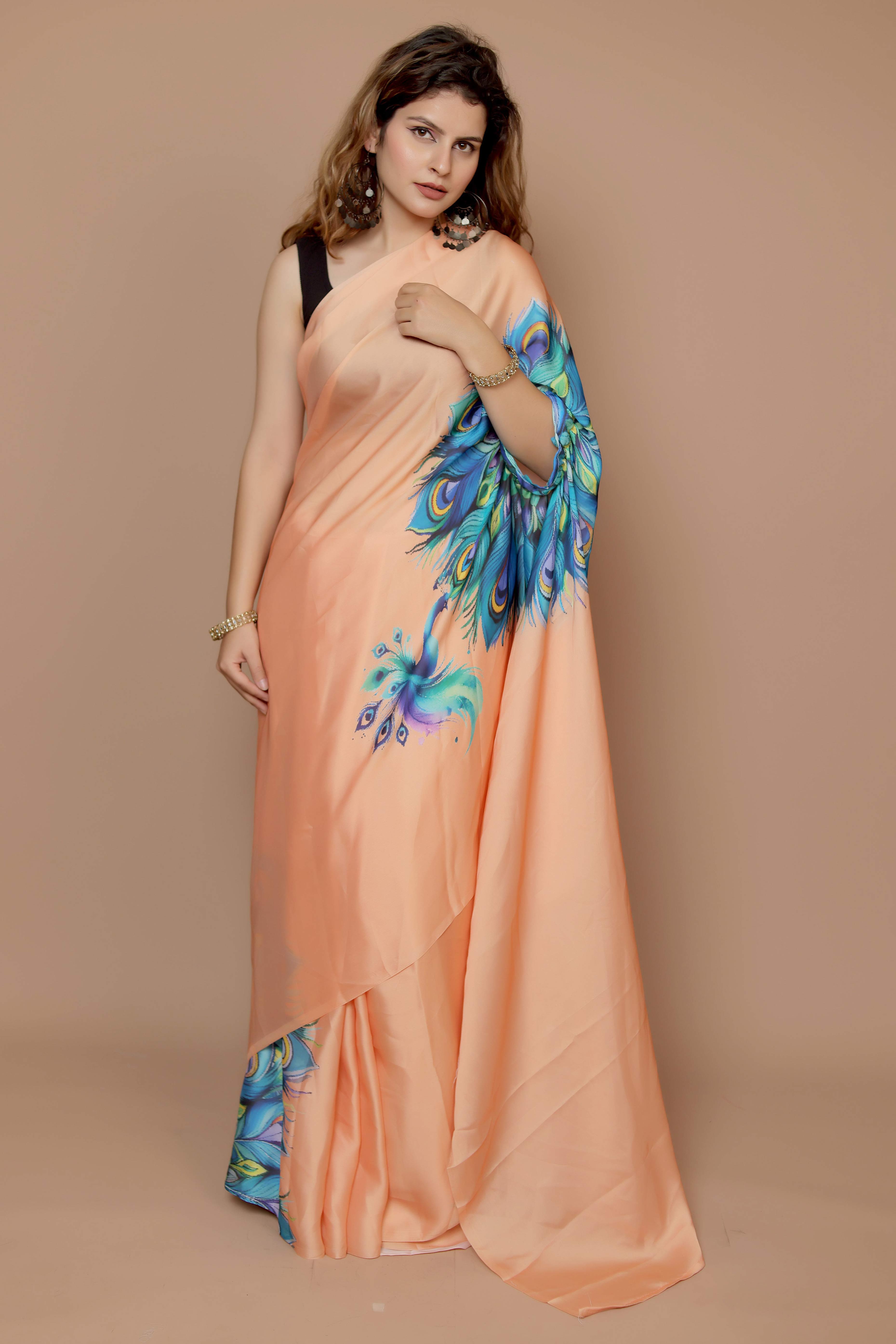 Light Orange Designer Freehand Saree In Satin Georgette With Striking Digital Print