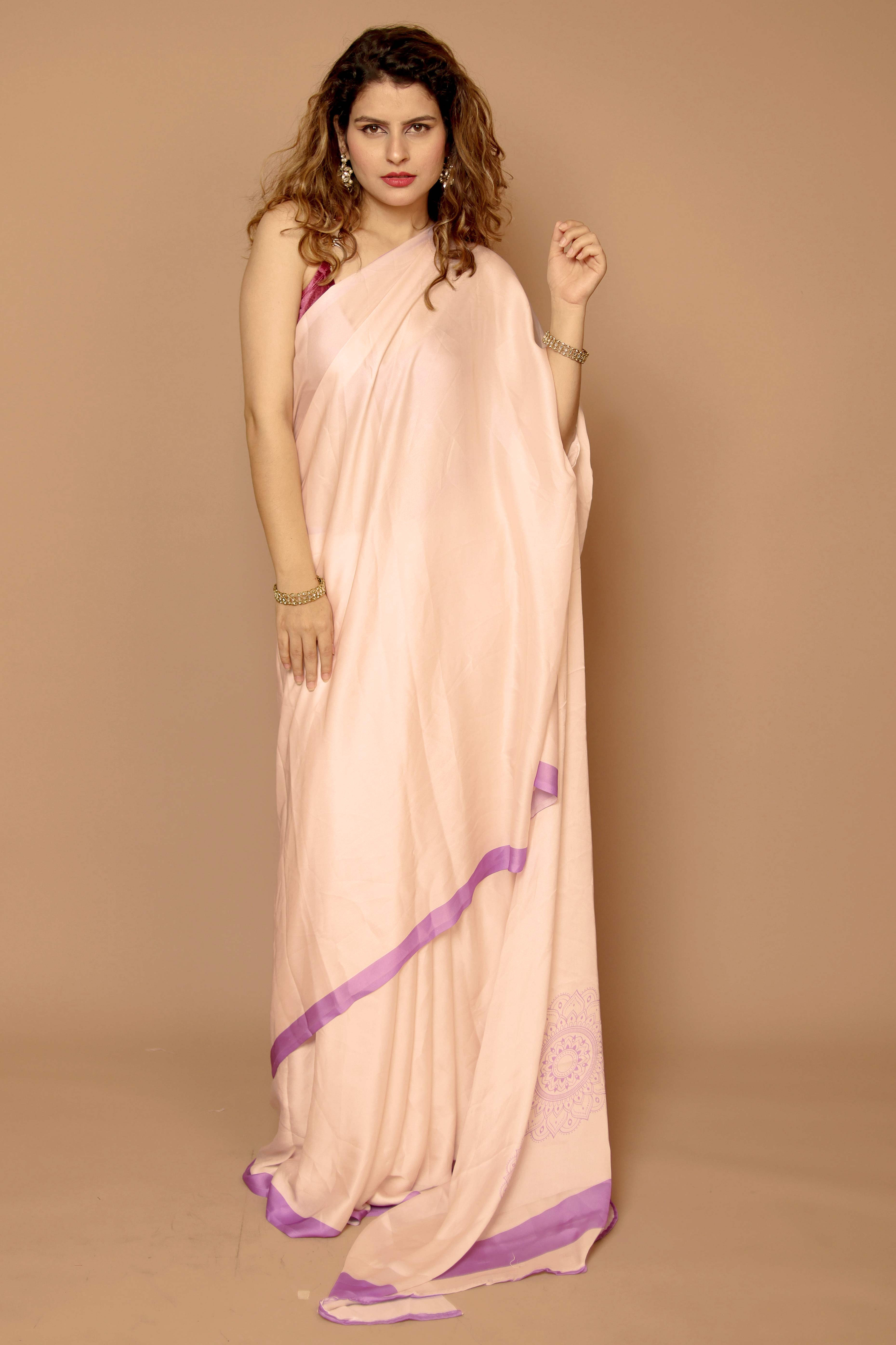 Peach Designer Freehand Saree In Satin Georgette With Striking Digital Print