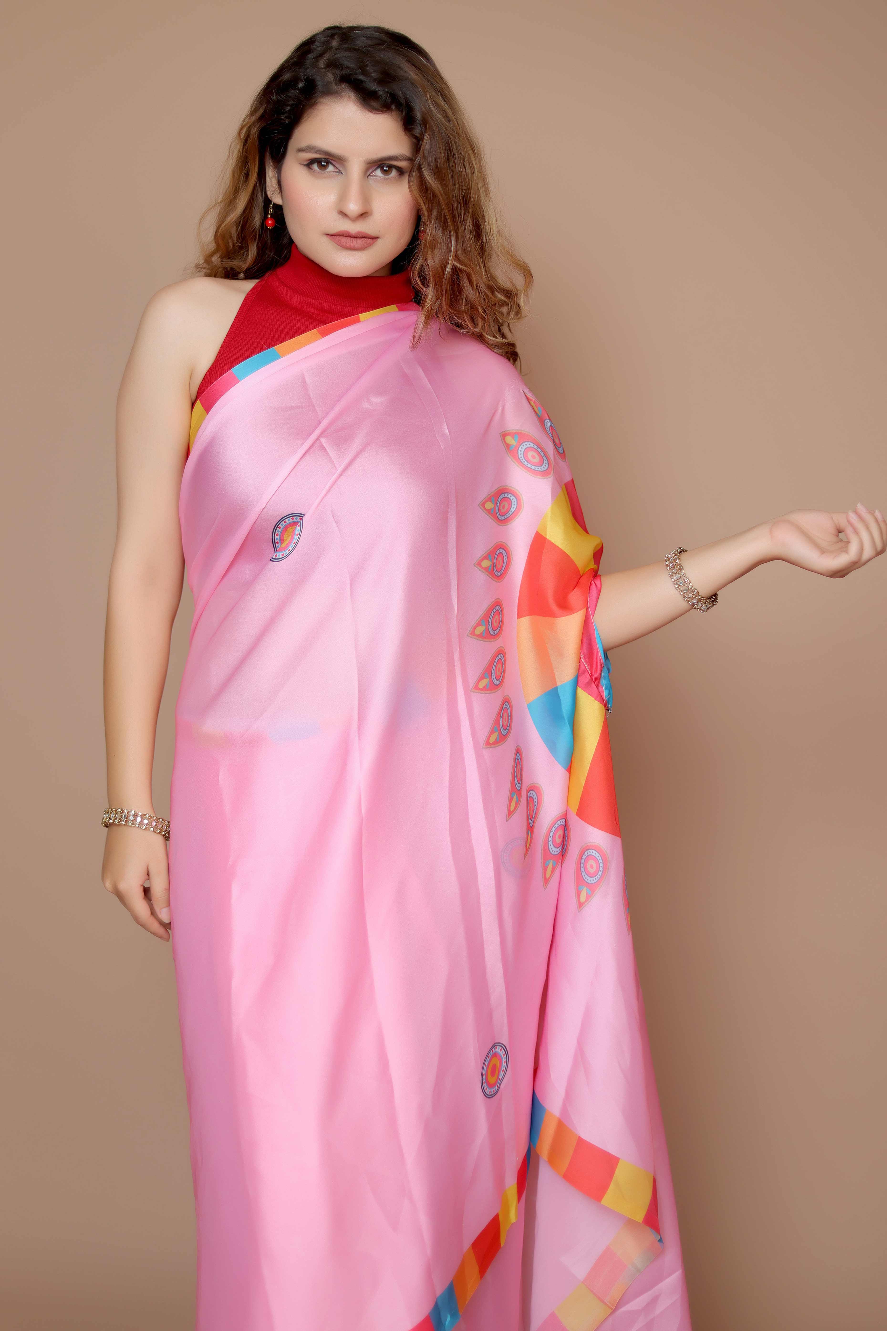 Pink Designer Freehand Saree In Satin Georgette With Striking Digital Print