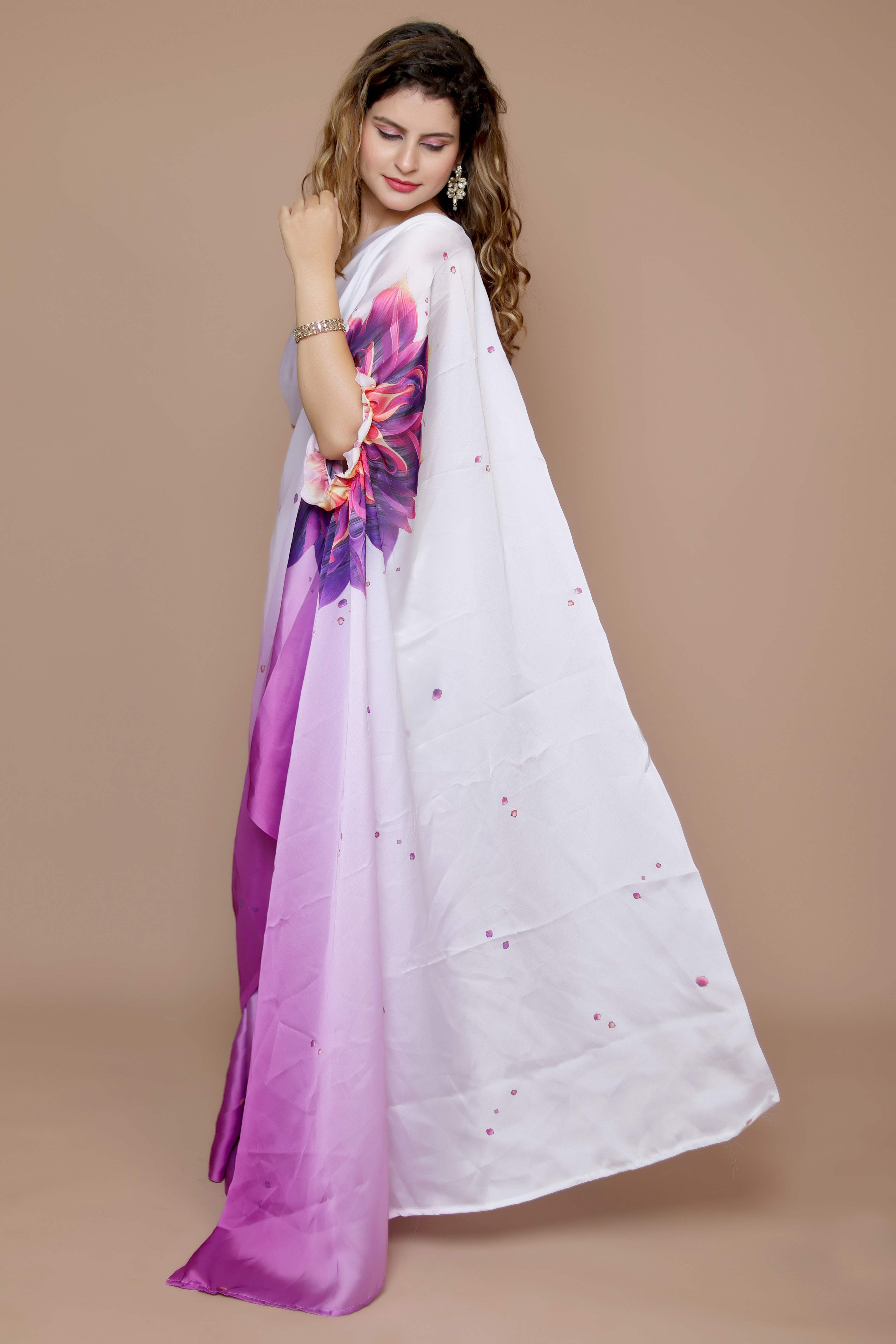 Purple & White Designer Freehand Ombre Saree In Satin Georgette With Striking Digital Print