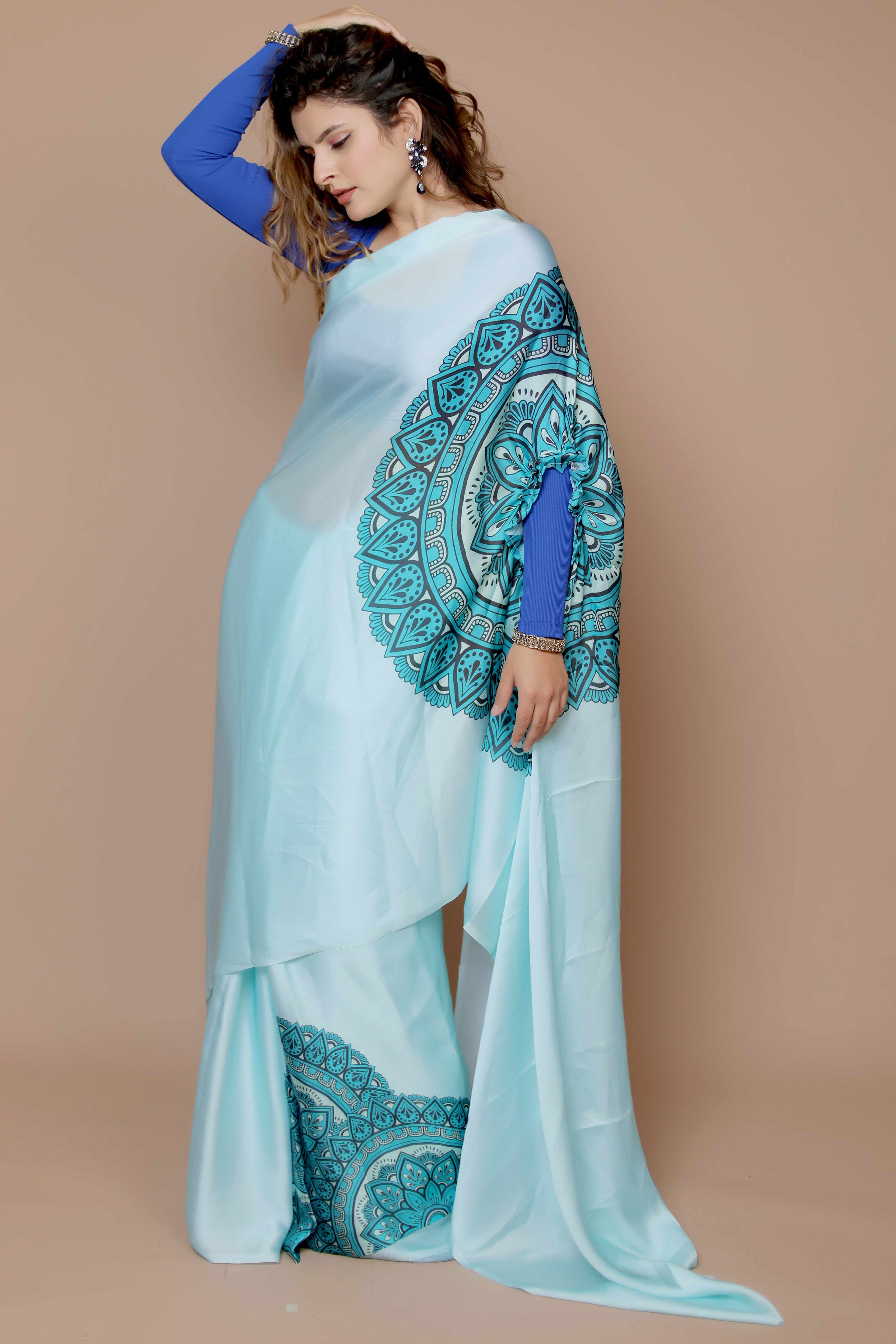 Turquoise Designer Freehand Saree In Satin Georgette With Striking Digital Print