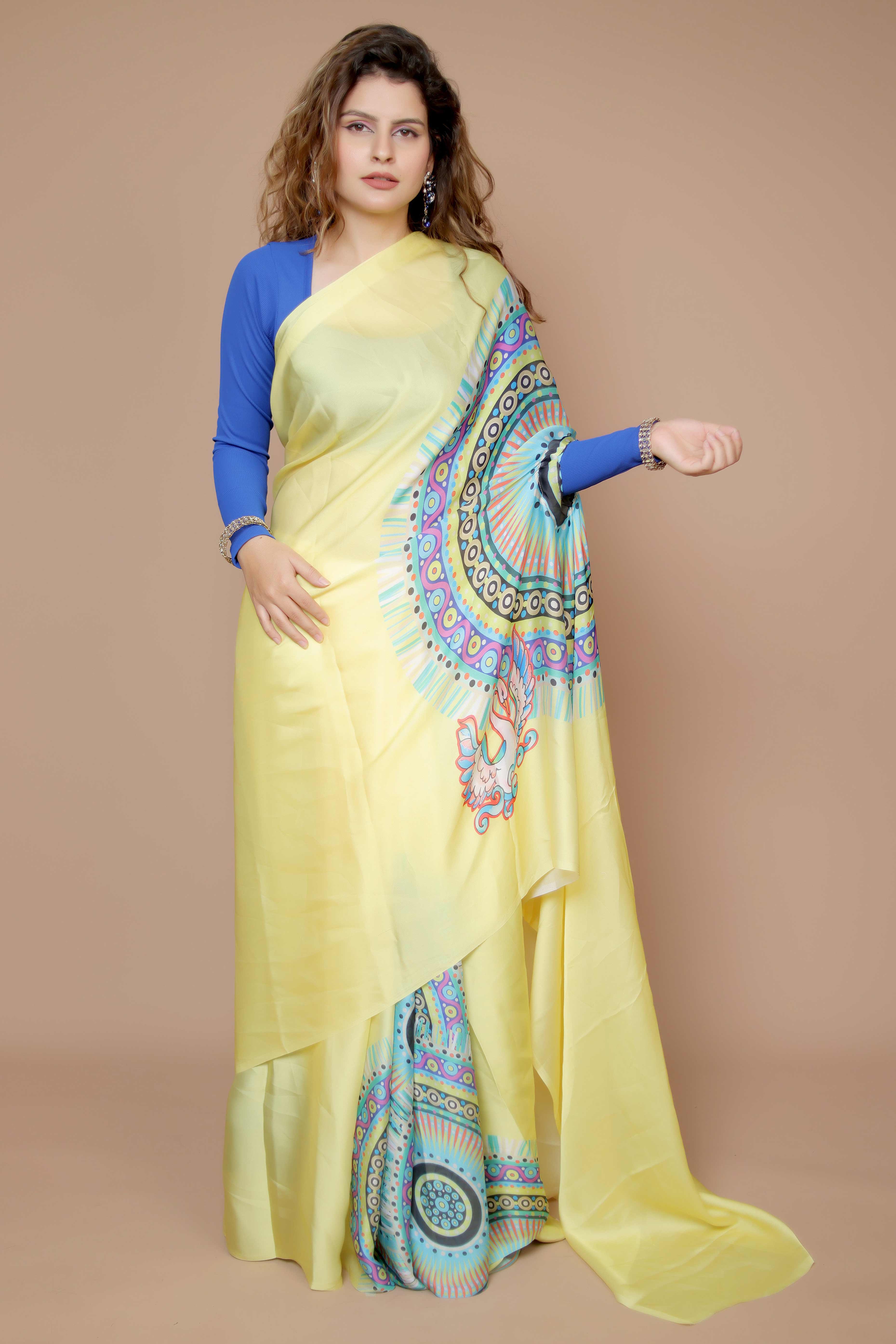 Yellow Designer Freehand Saree In Satin Georgette With Striking Digital Print