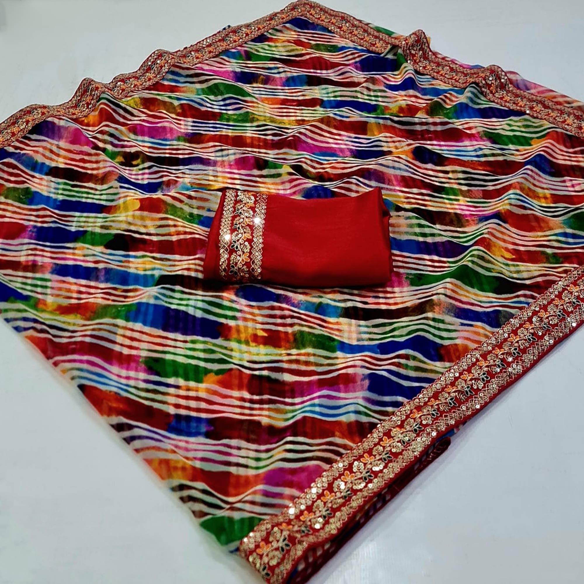 Multicolor Leheriya Printed Georgette Saree