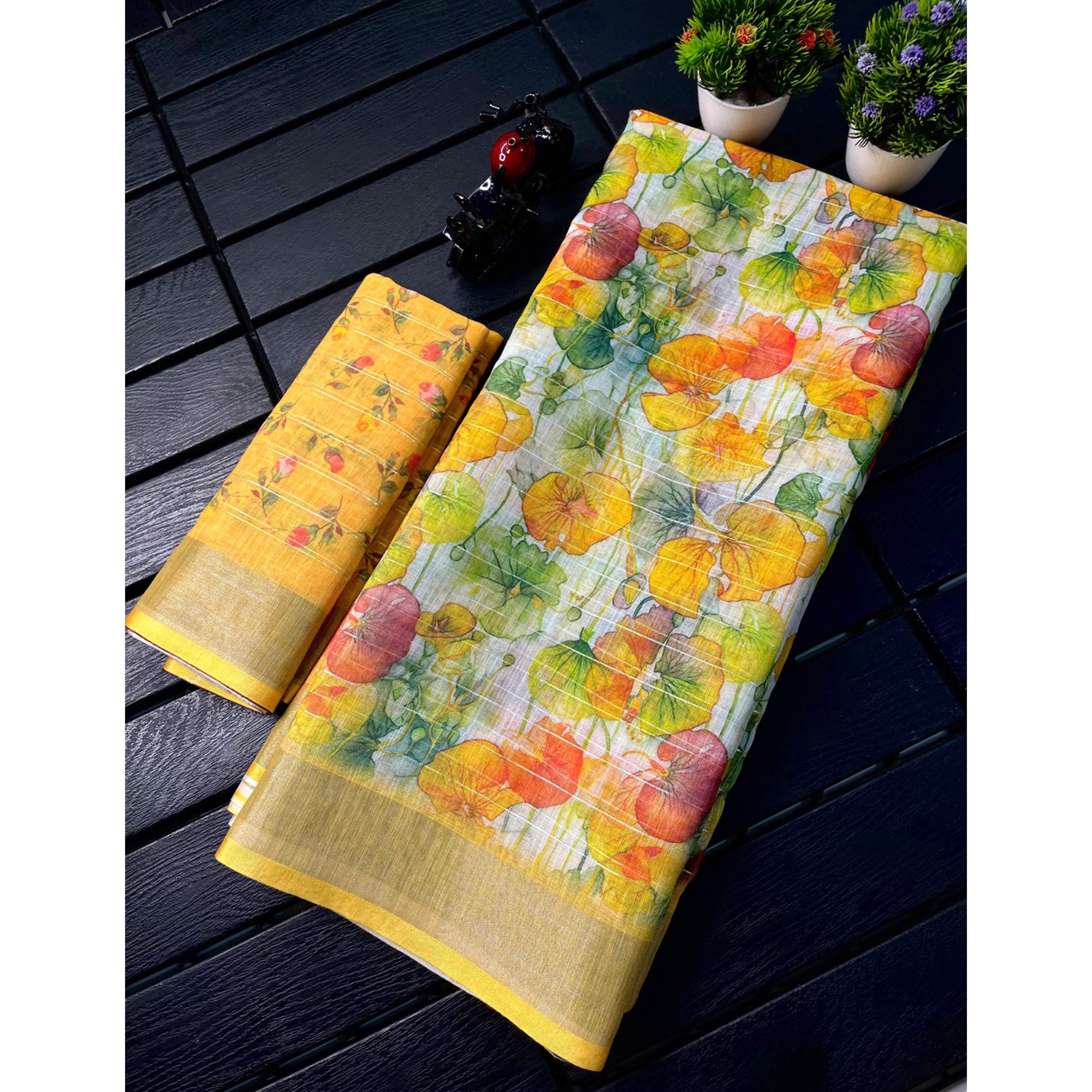 Yellow Digital Printed With Zari Work Linen Cotton Saree