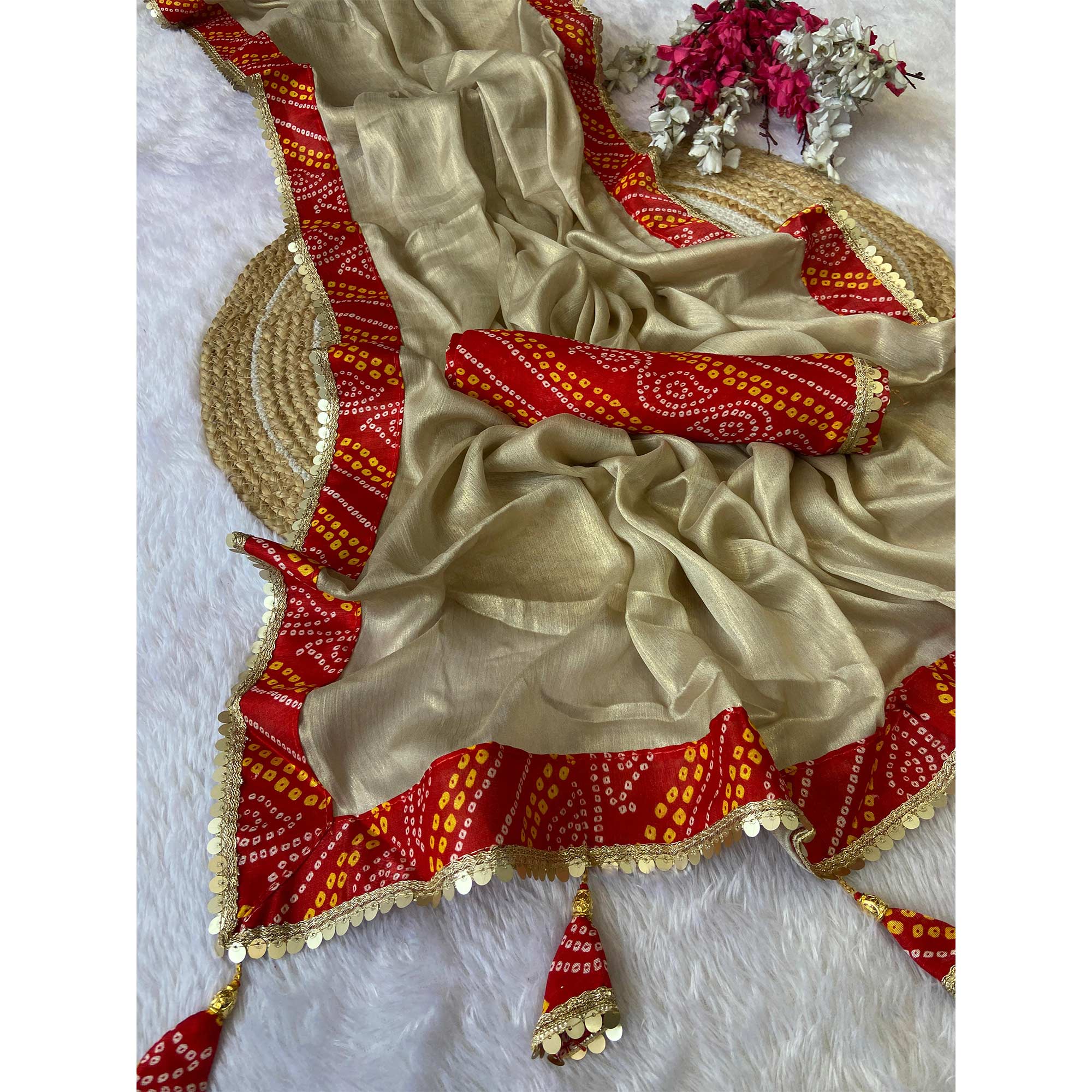 Beige & Red Moss Chiffon Saree Featuring a Traditional Bandhani Print Border