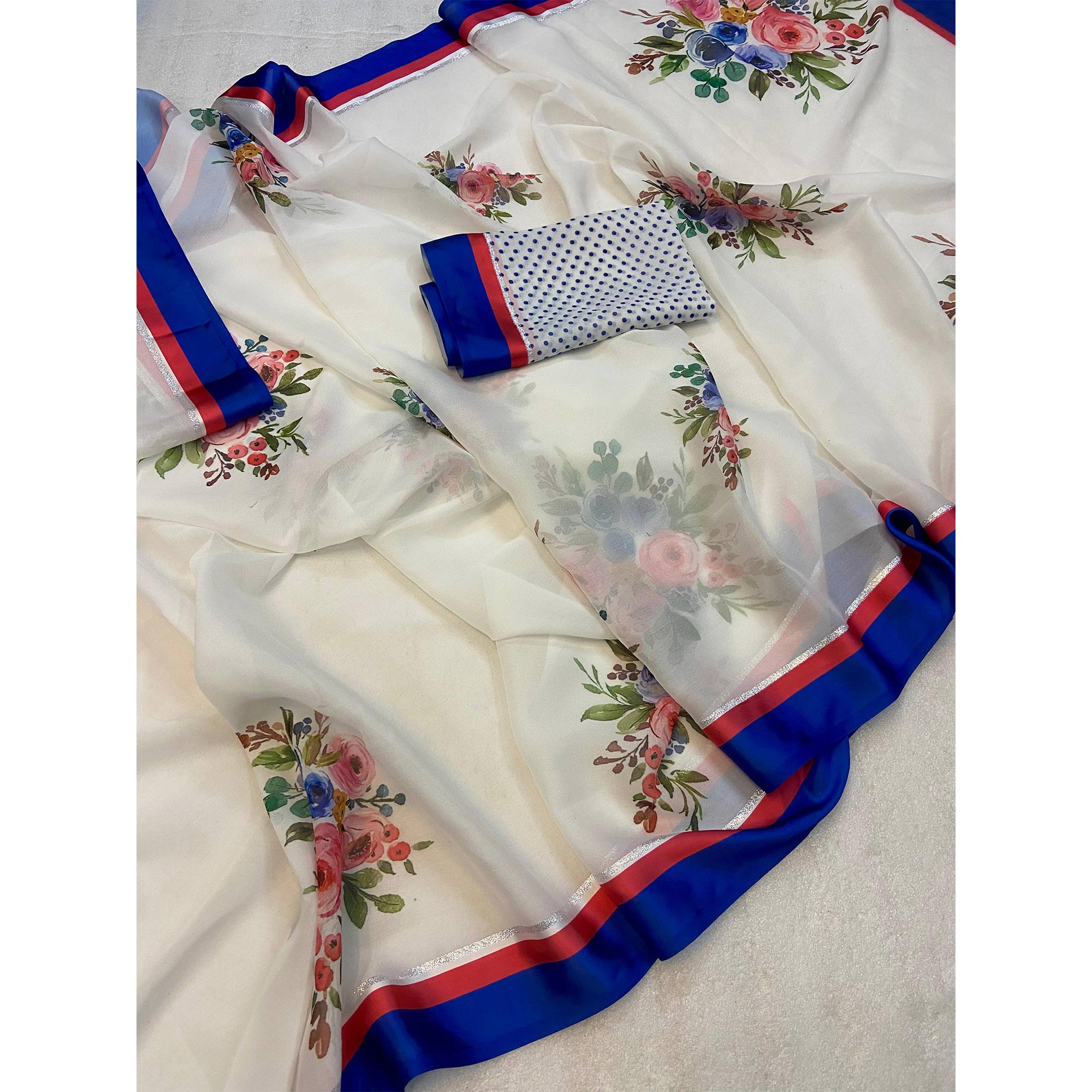 White Floral Printed Moss Chiffon Saree