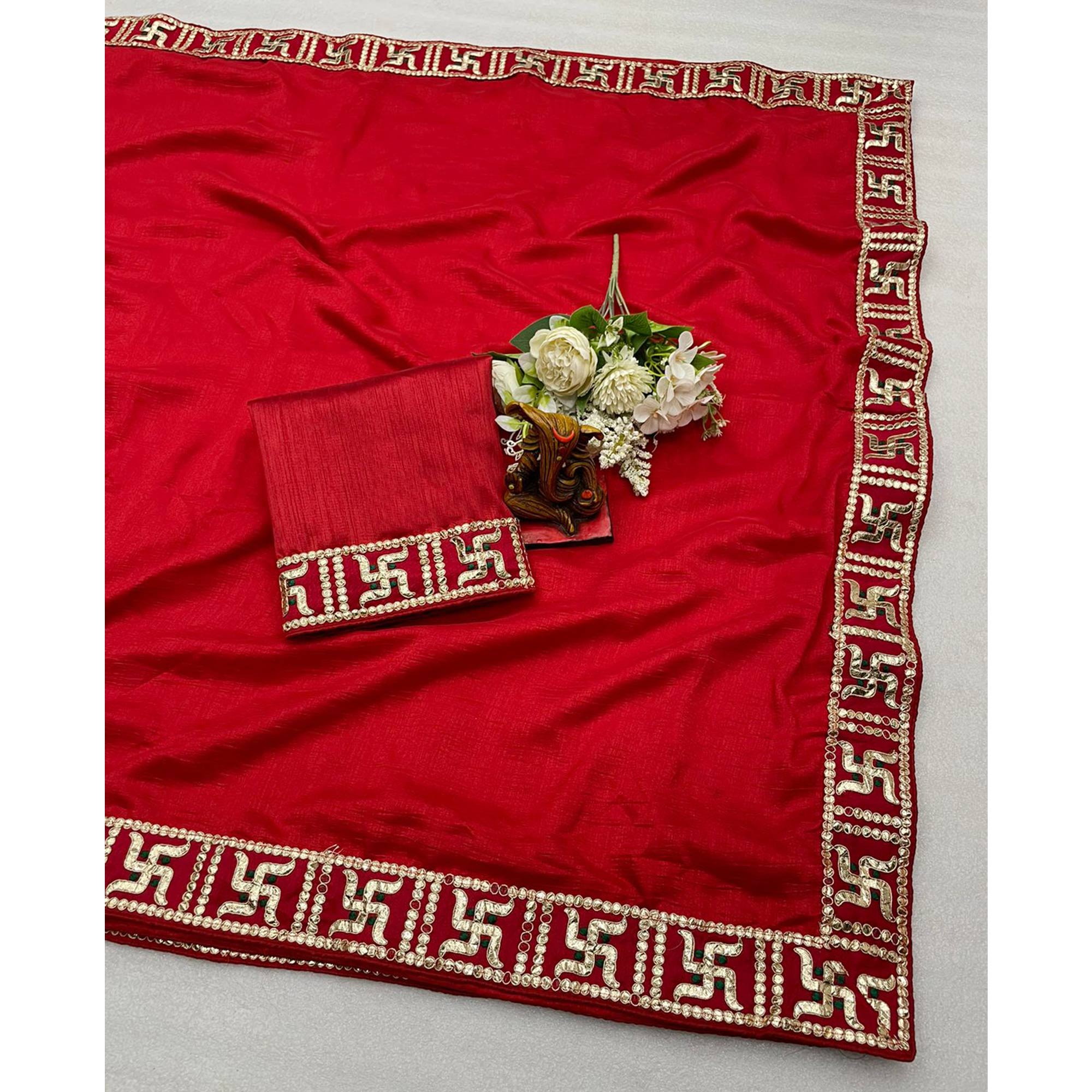 Red Solid With Embroidered Border Vichitra Silk Saree
