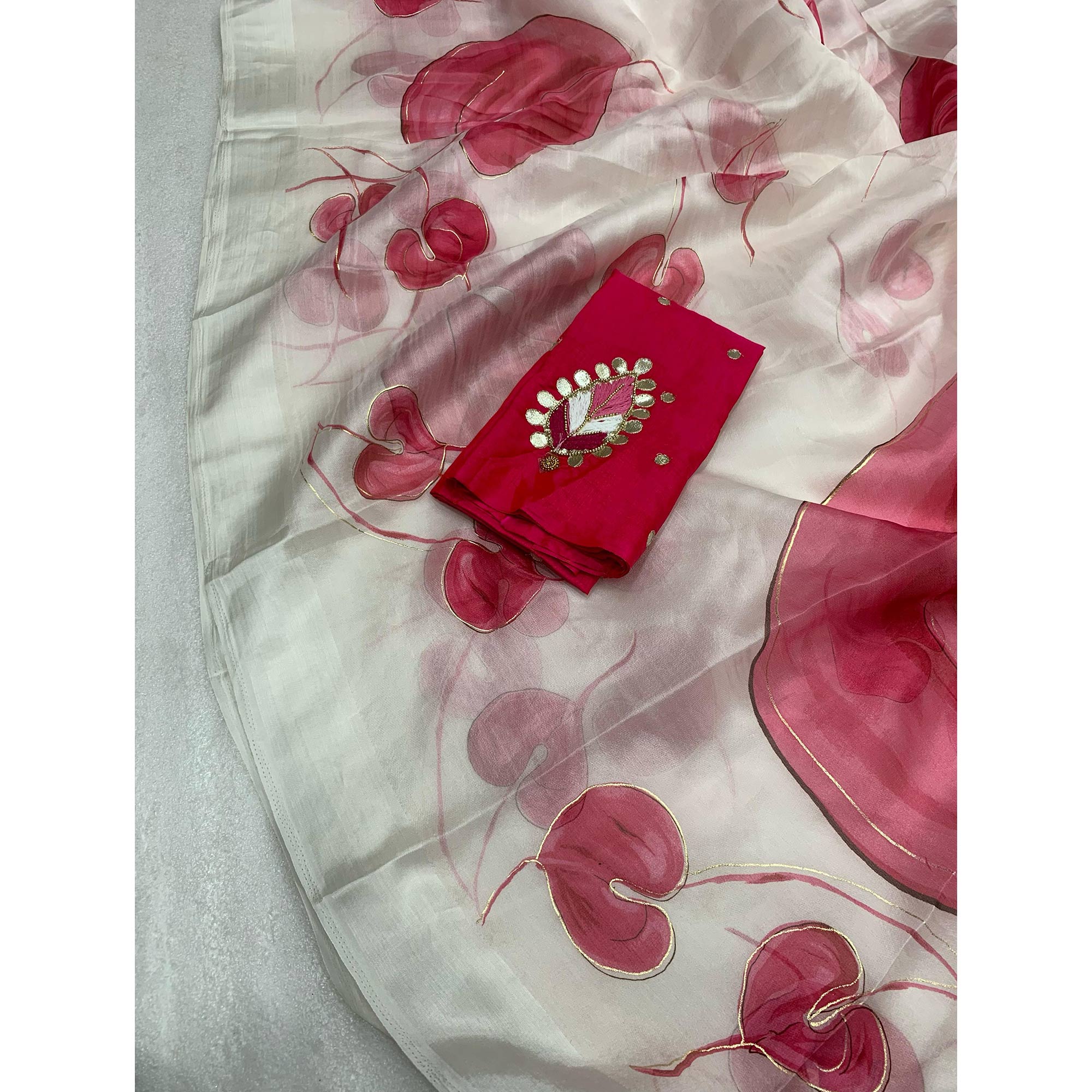 White & Pink Floral Foil Printed Organza Saree