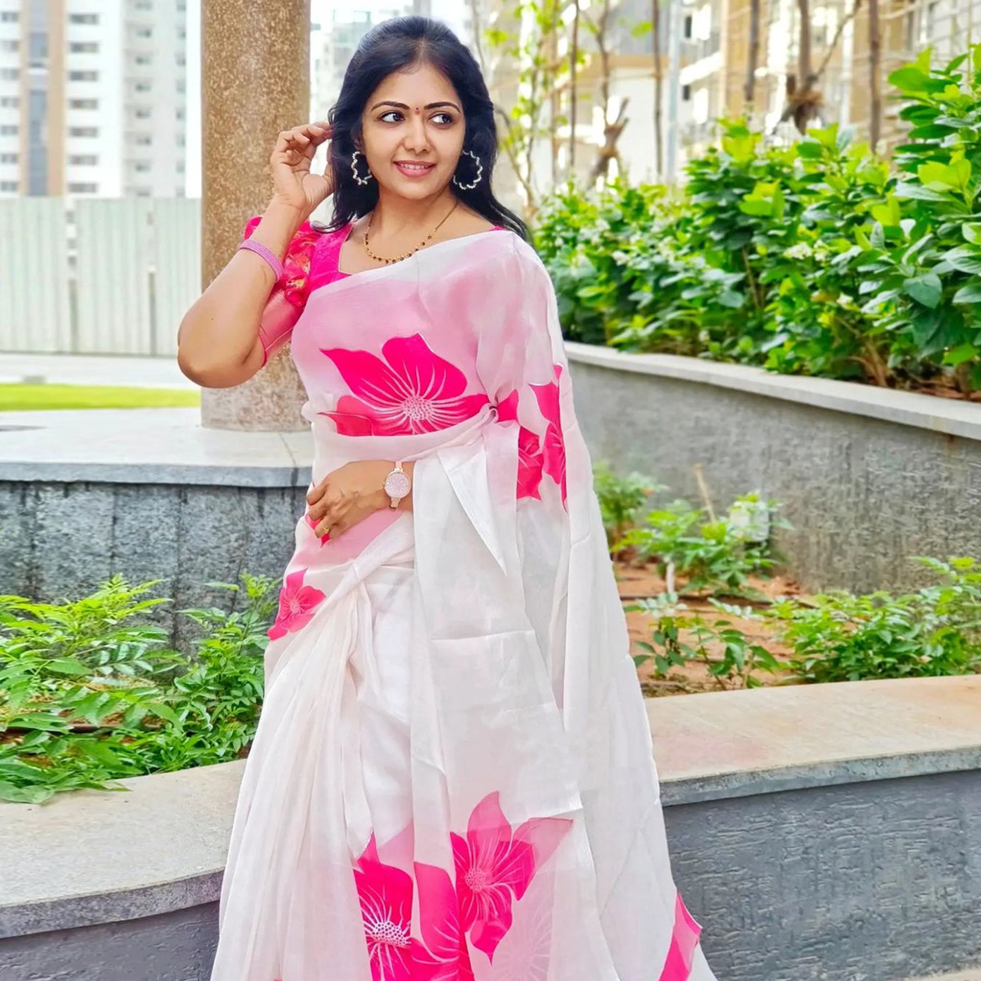 White & Pink Floral Foil Printed Organza Saree