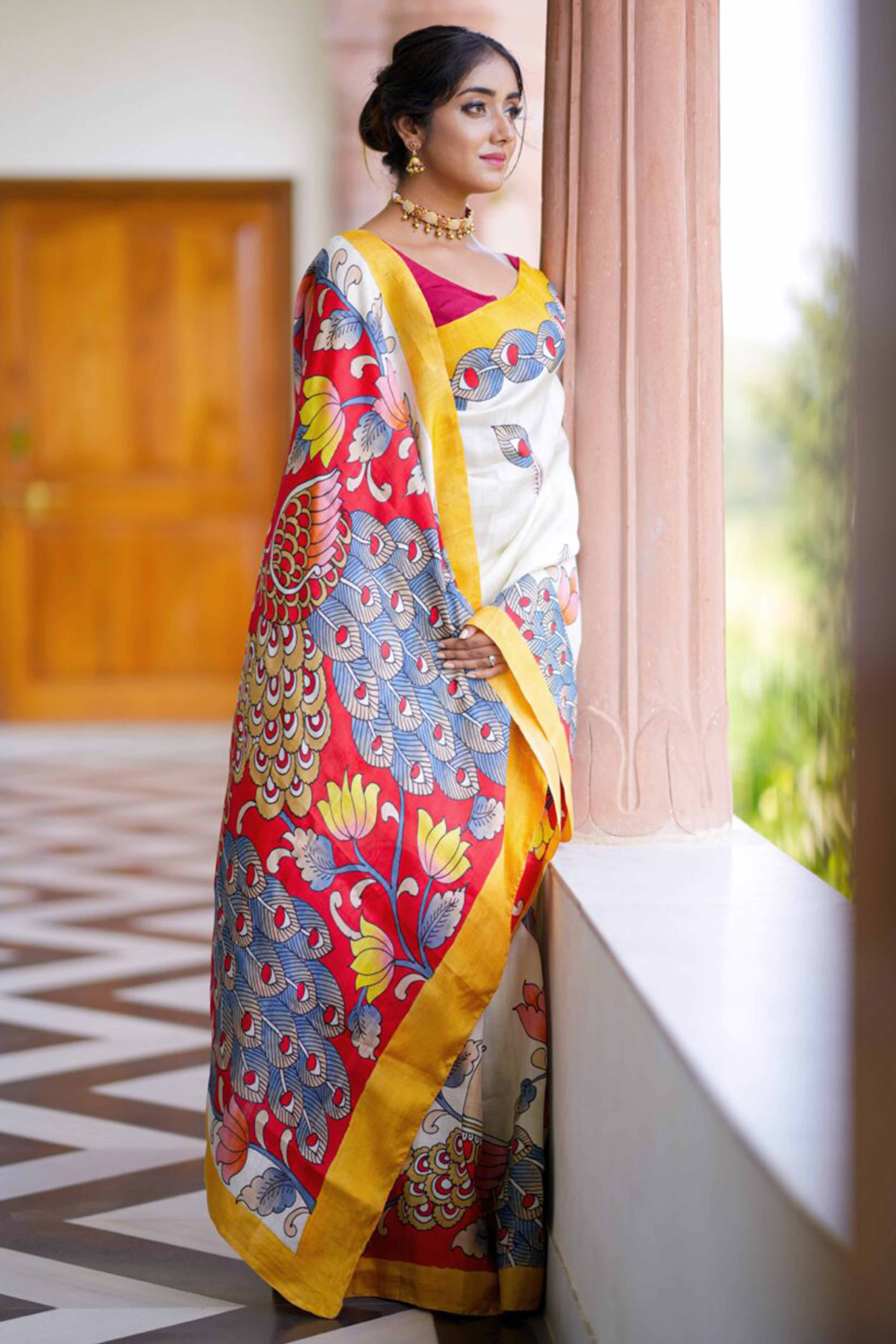 Off White Kalamkari Printed Linen Saree