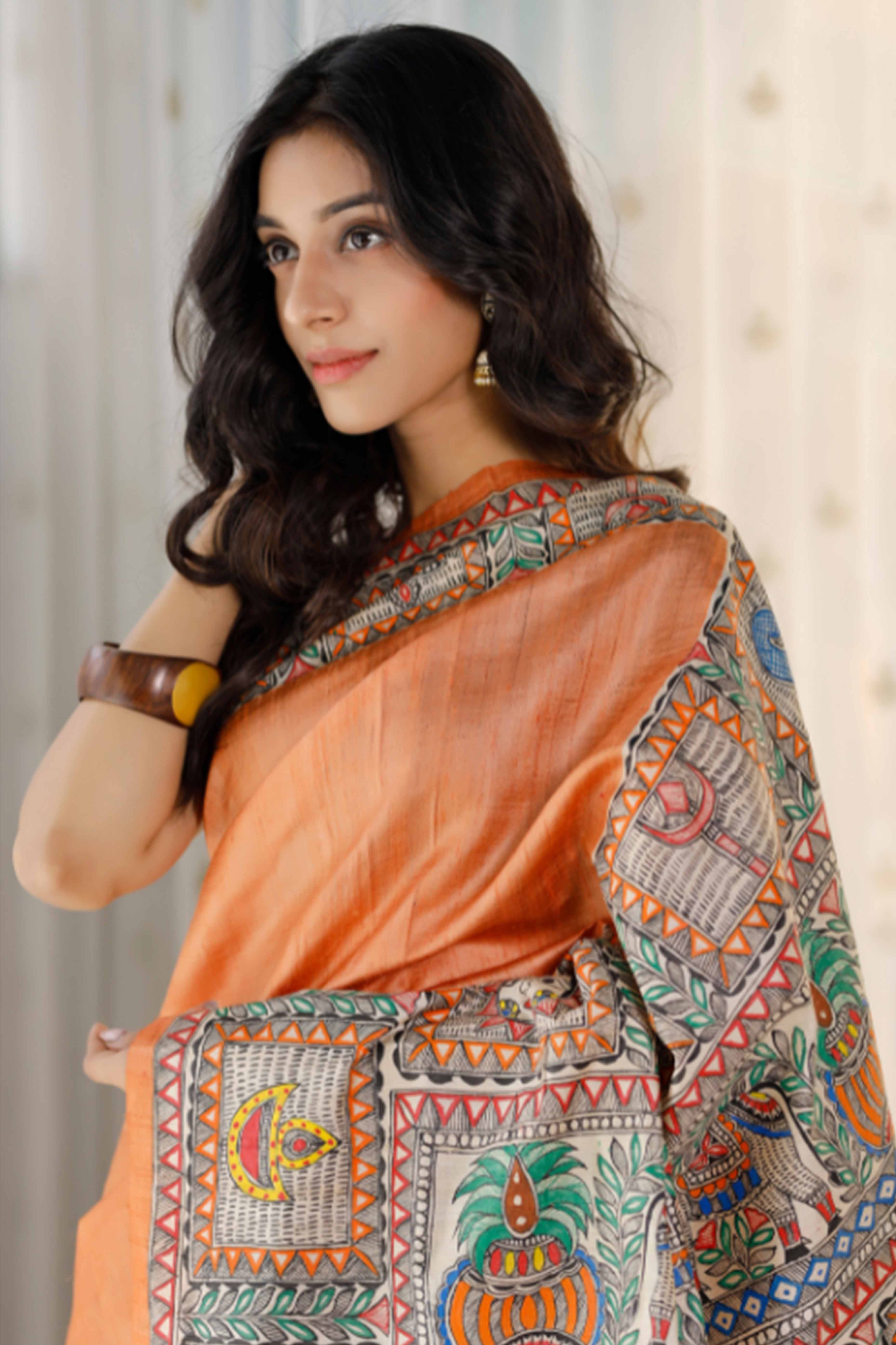 Peach Kalamkari Printed Linen Saree