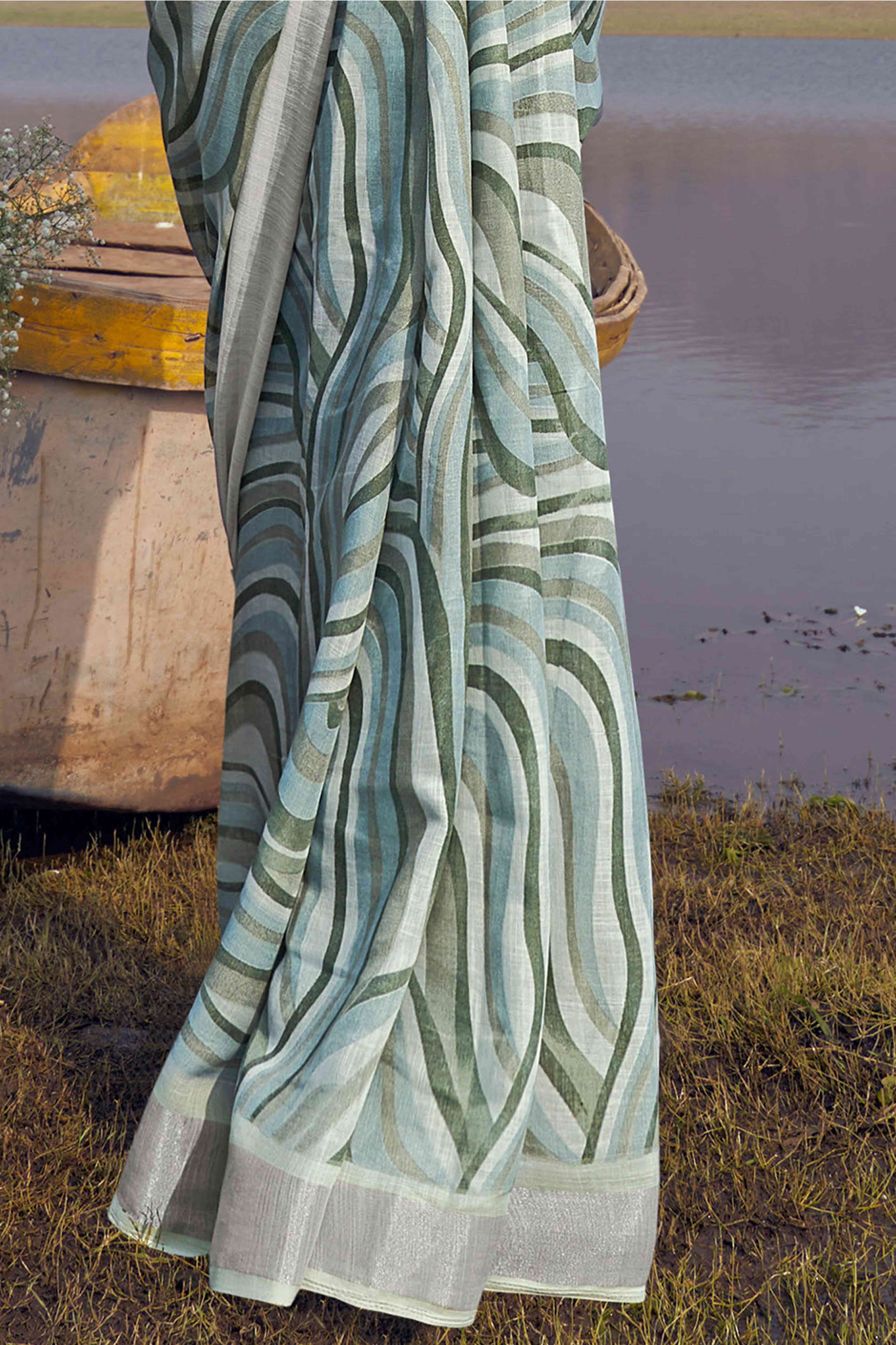 Sea Green Striped Printed Linen Saree