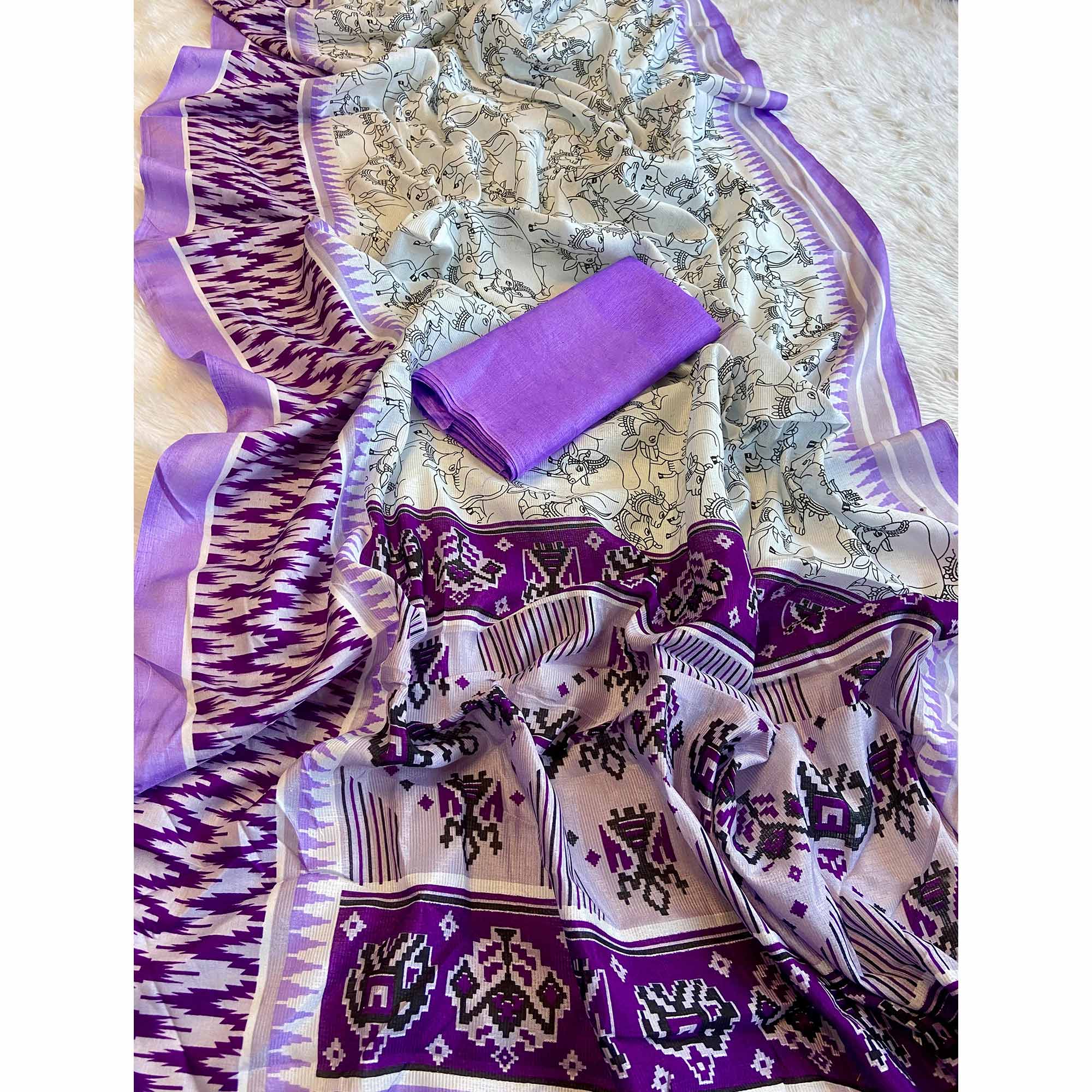 White & Purple Kalamkari Printed Pure Cotton Saree