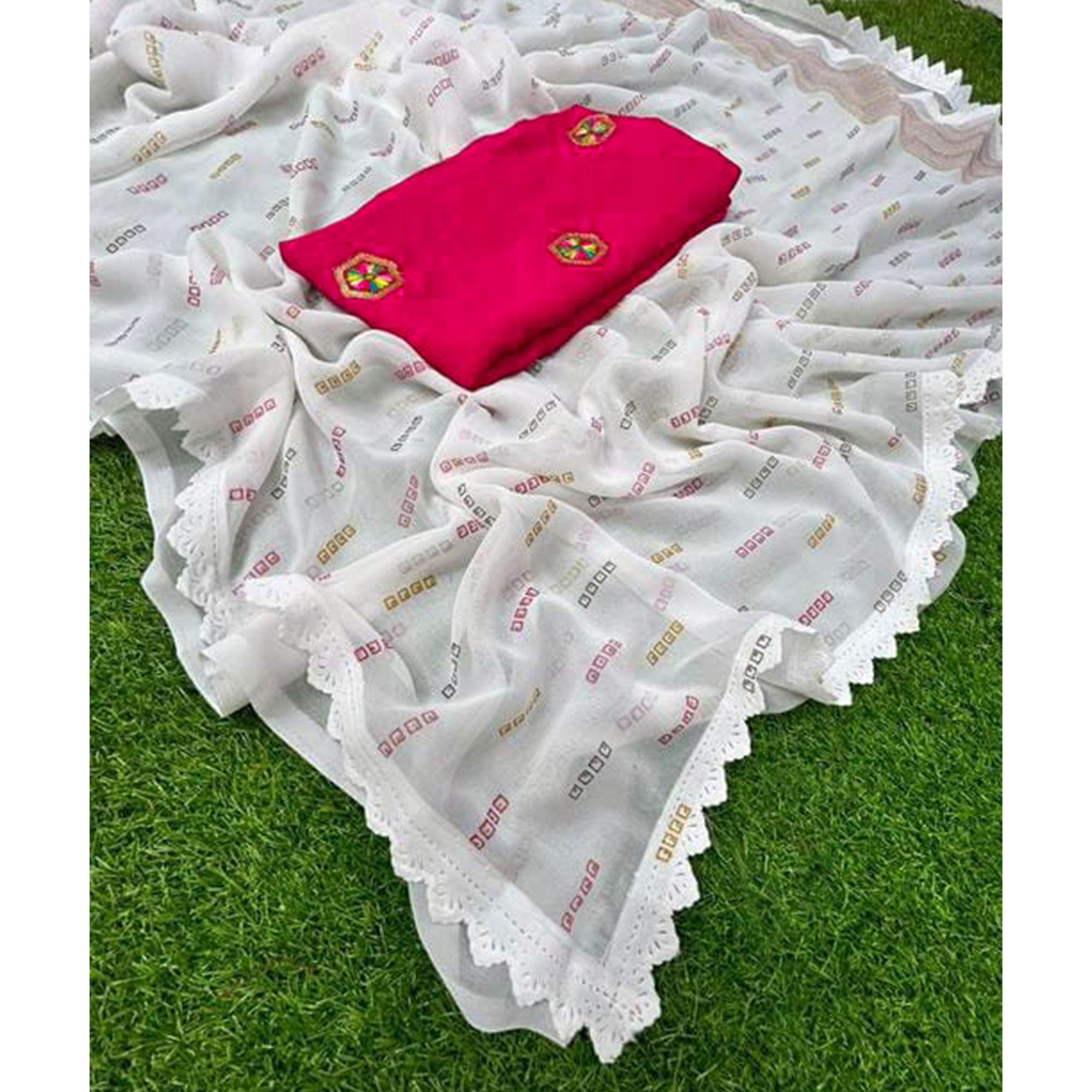 White & Pink Printed Georgette Saree