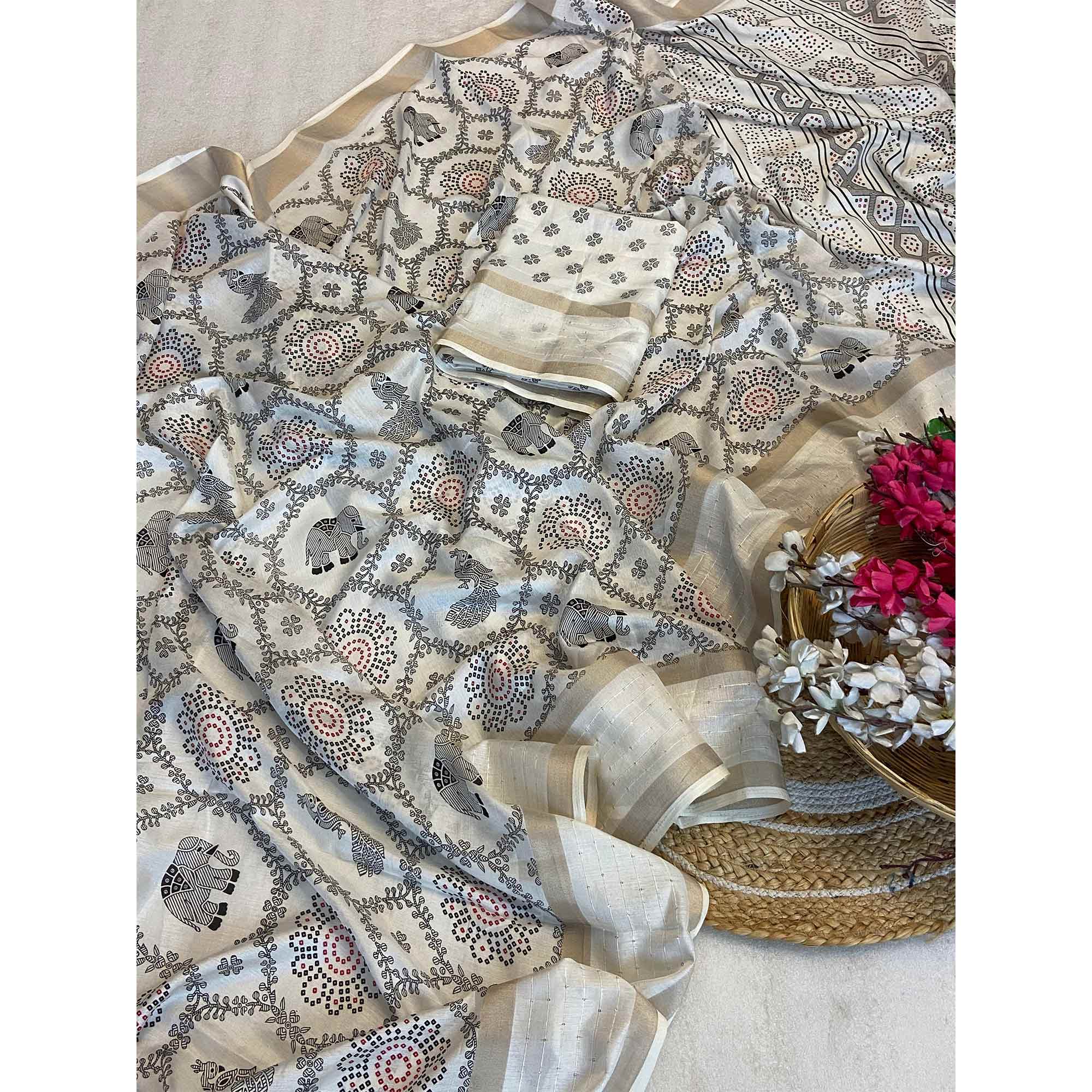 Cream Traditional Warli Print Dola Silk Saree Accented with Sequins Border