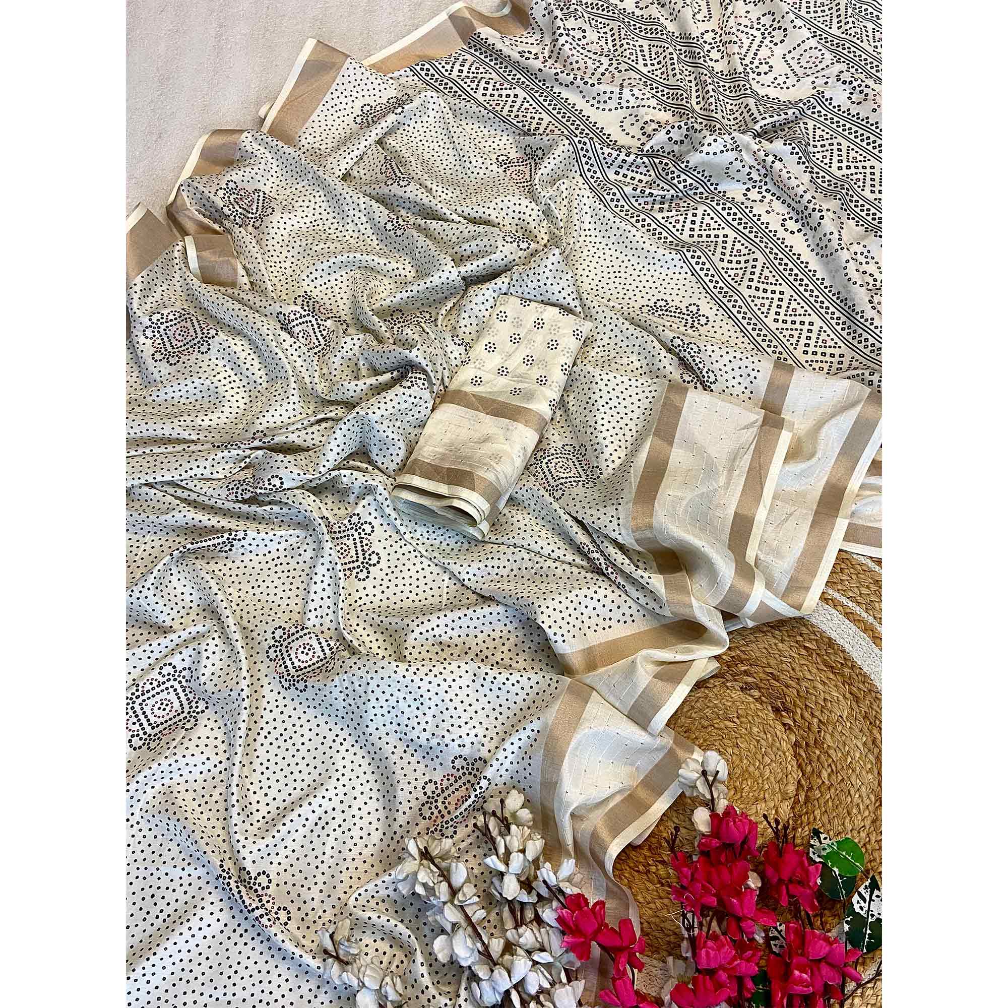 Cream Saree in Dola Silk with Bandhani Print and Shimmering Sequins Edge