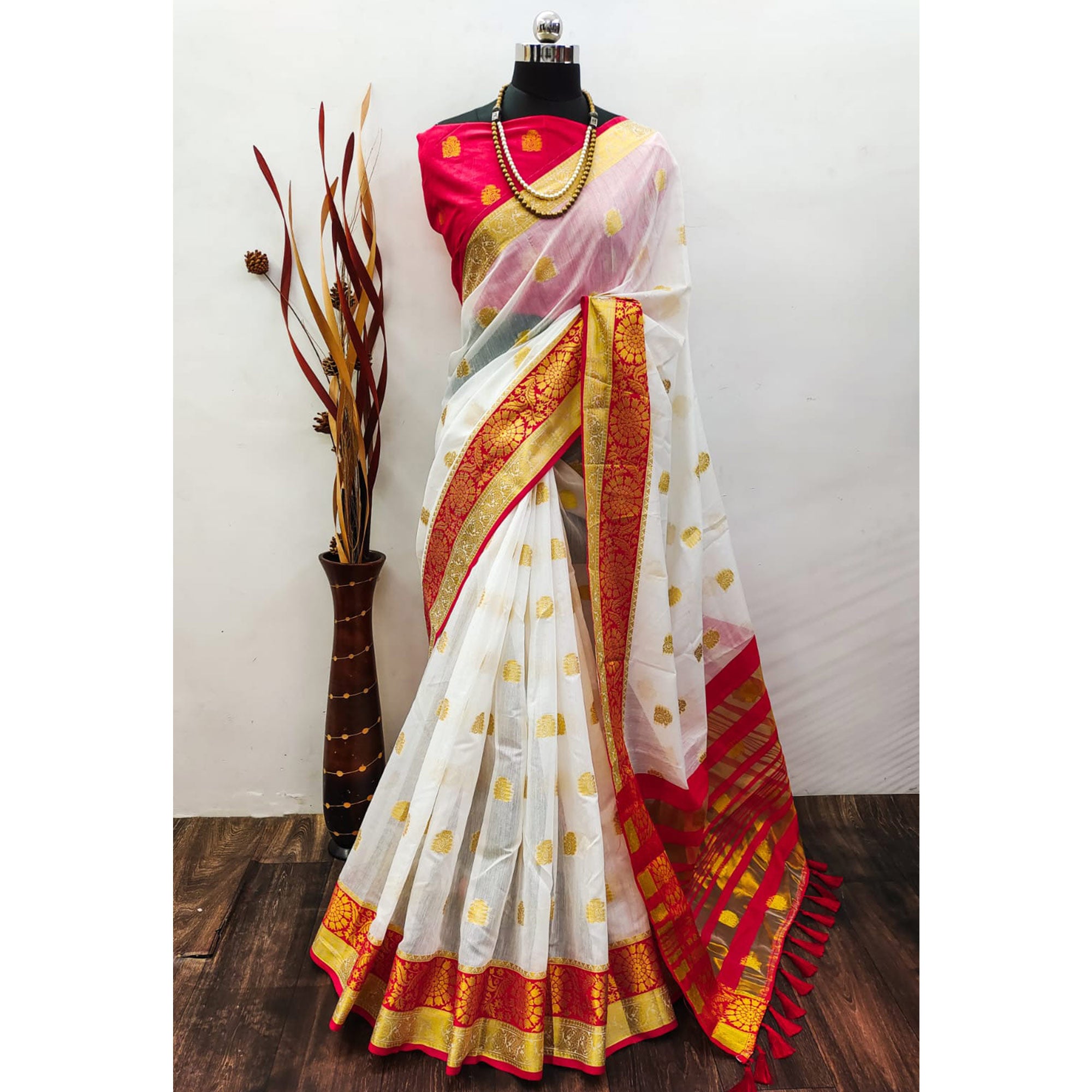 White & Red Woven Jacquard Saree With Tassels