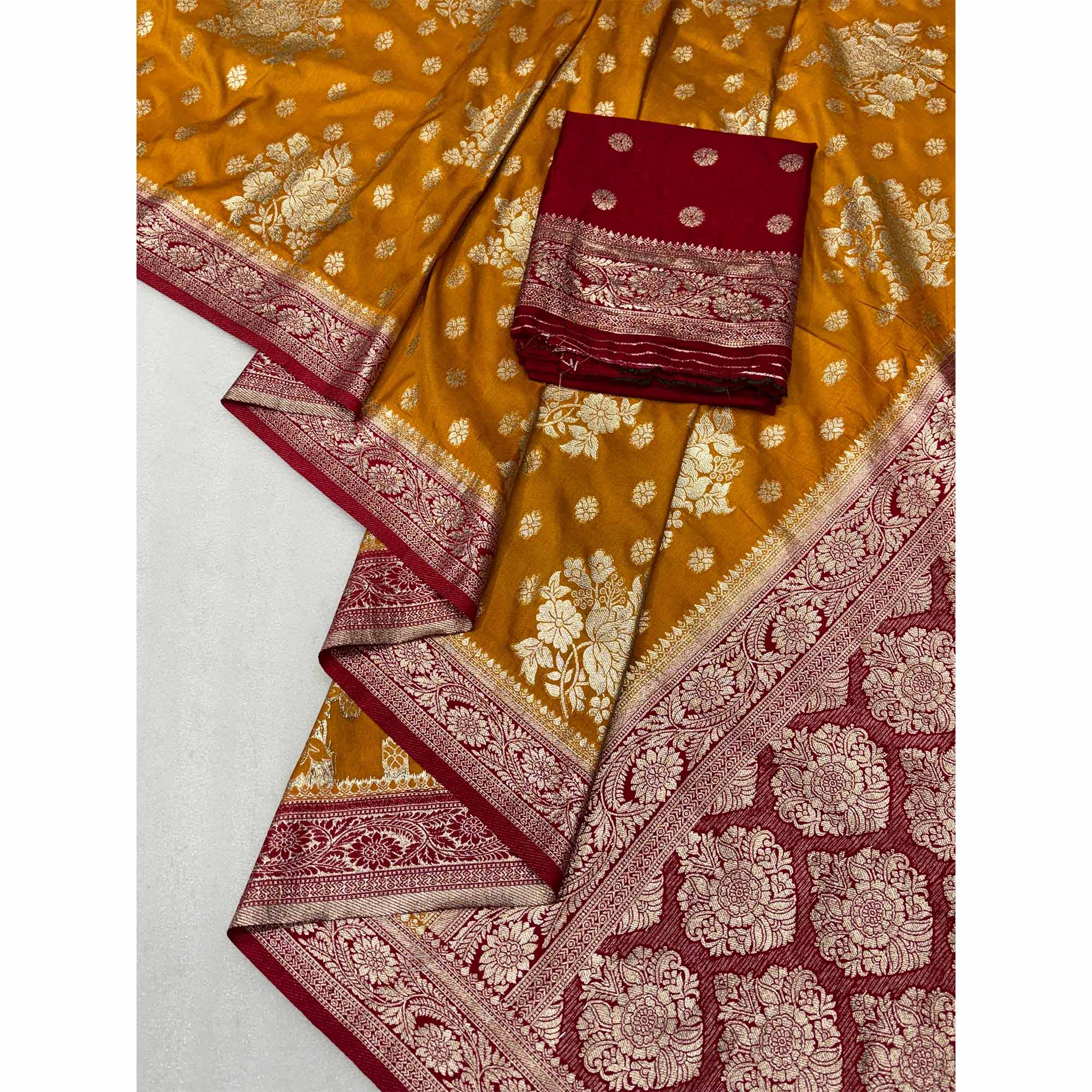 Mustard Dola Silk Woven Saree with Allover Zari Butti Design