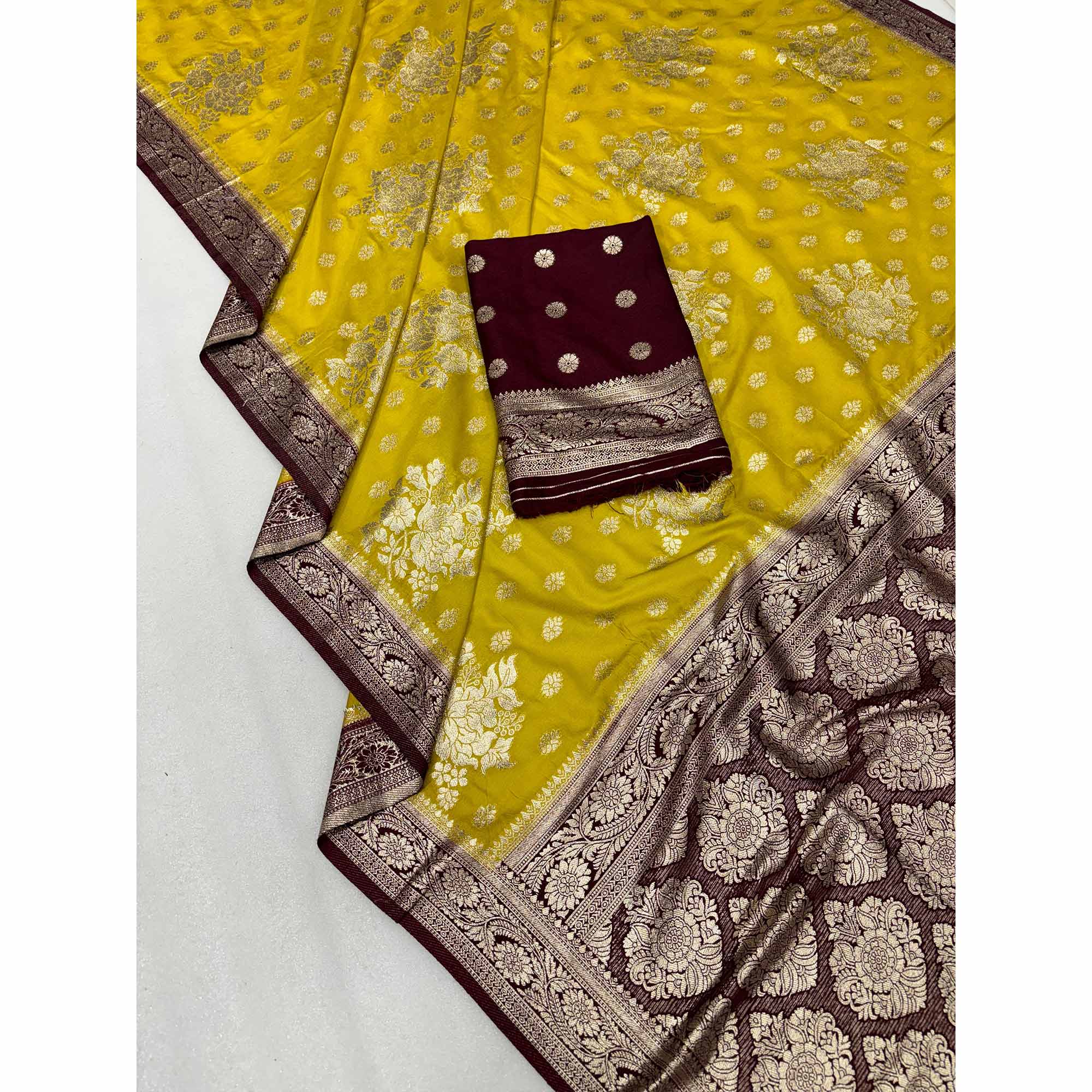 Yellow Dola Silk Woven Saree with Allover Zari Butti Design