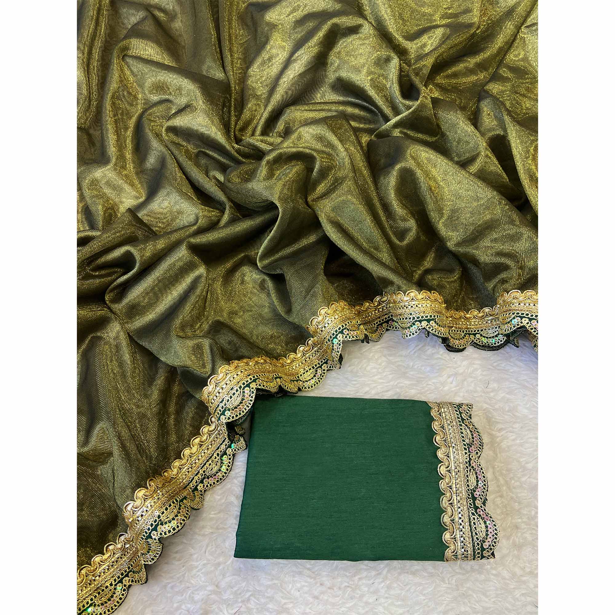 Mehendi Green Net Saree With Intricate Sequin Embroidery & Tassel Embellished Pallu