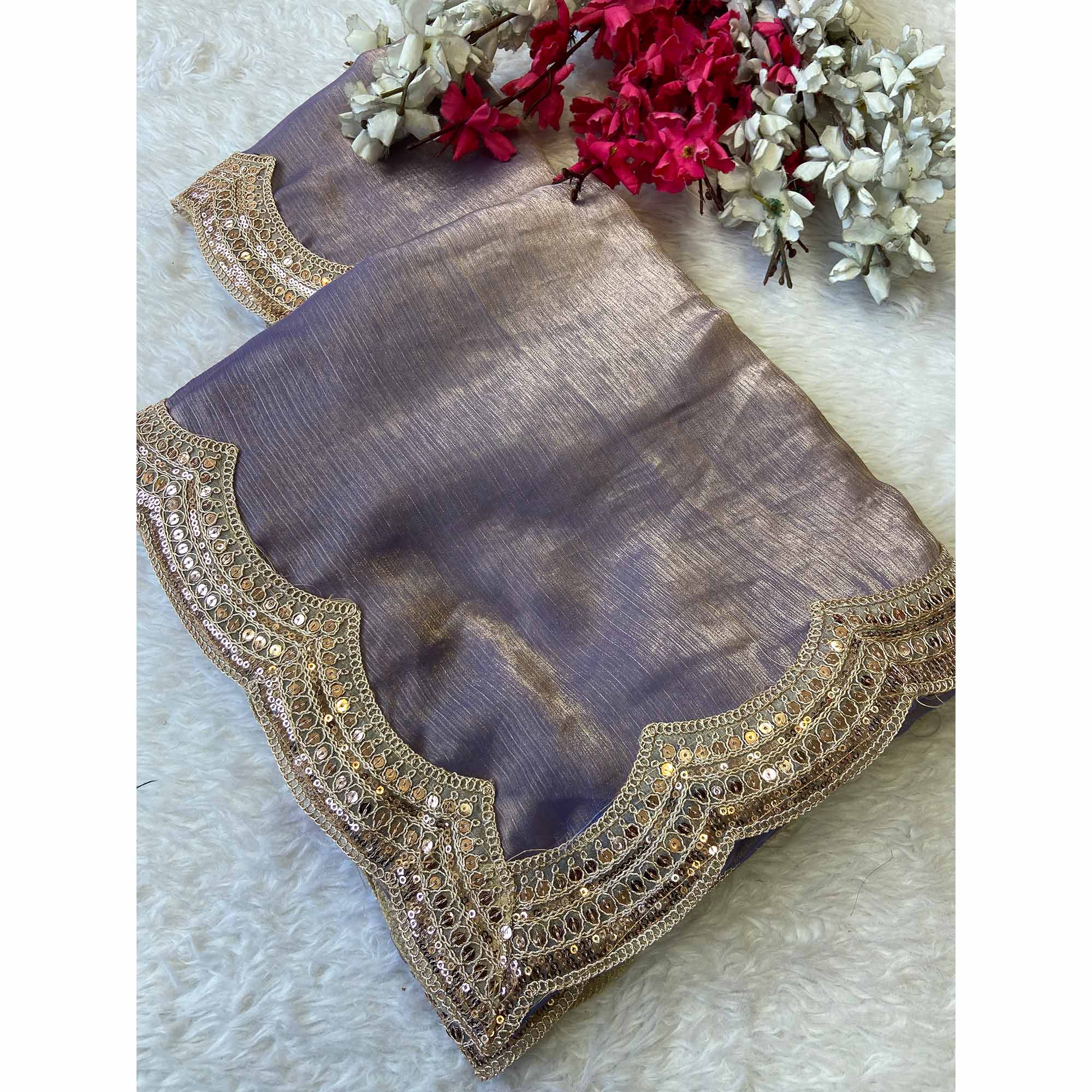 Lavender Solid Chiffon Saree Accented with Embellished Border