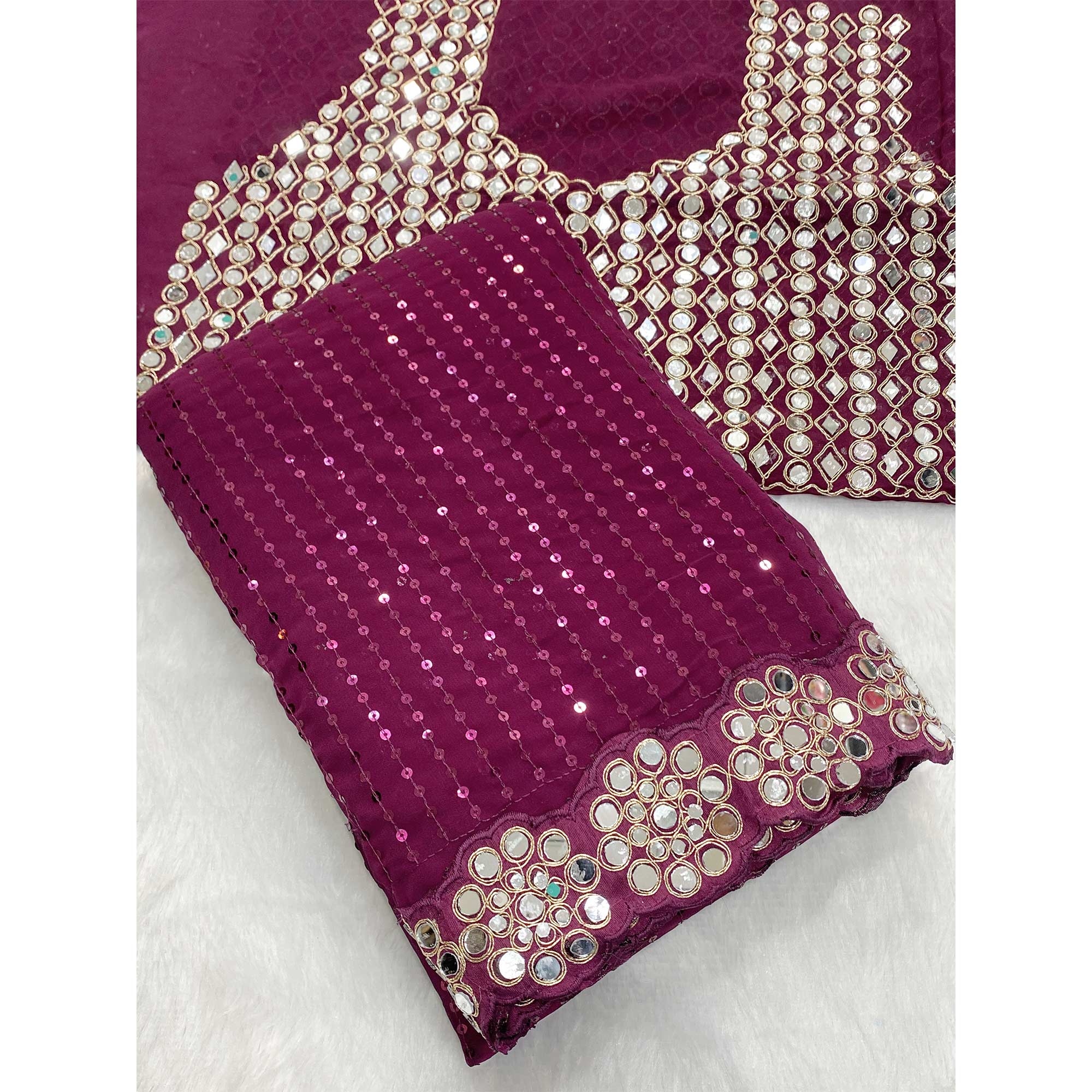 Stunning Wine Georgette Party Wear Saree Adorned with Heavy Sequins Embellishment
