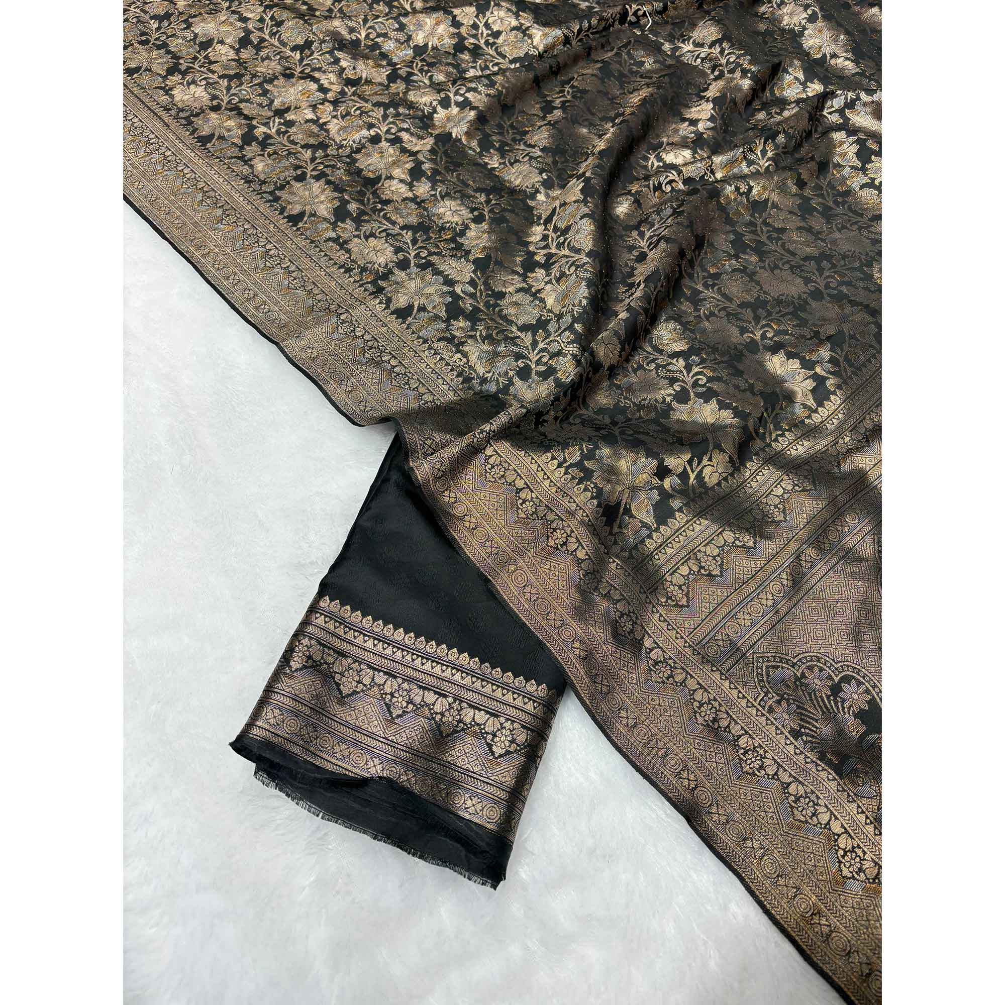 Black Floral Woven Saree in Premium Pure Silk