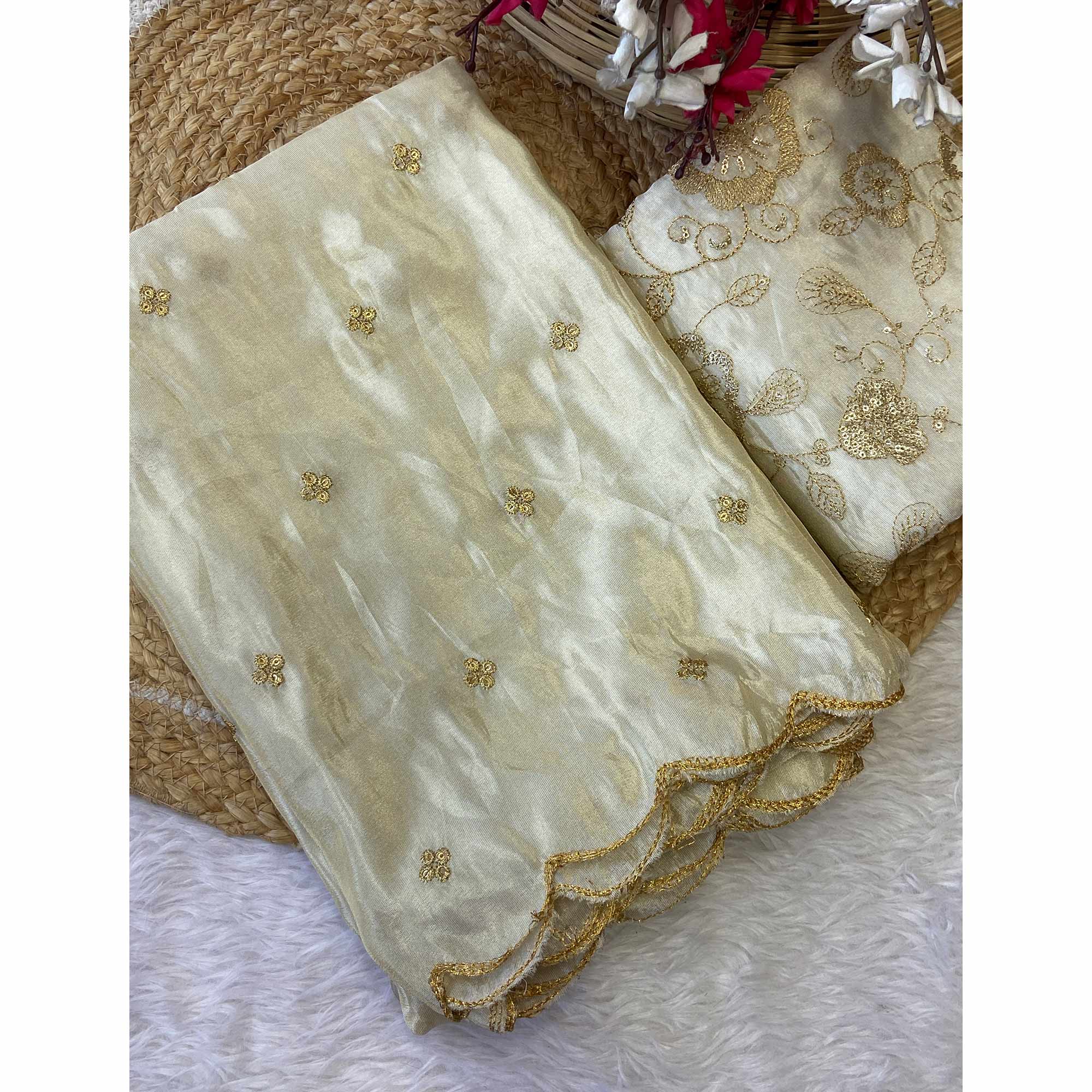 Lightweight Tissue Saree in Cream with Elegant Thread Embroidery