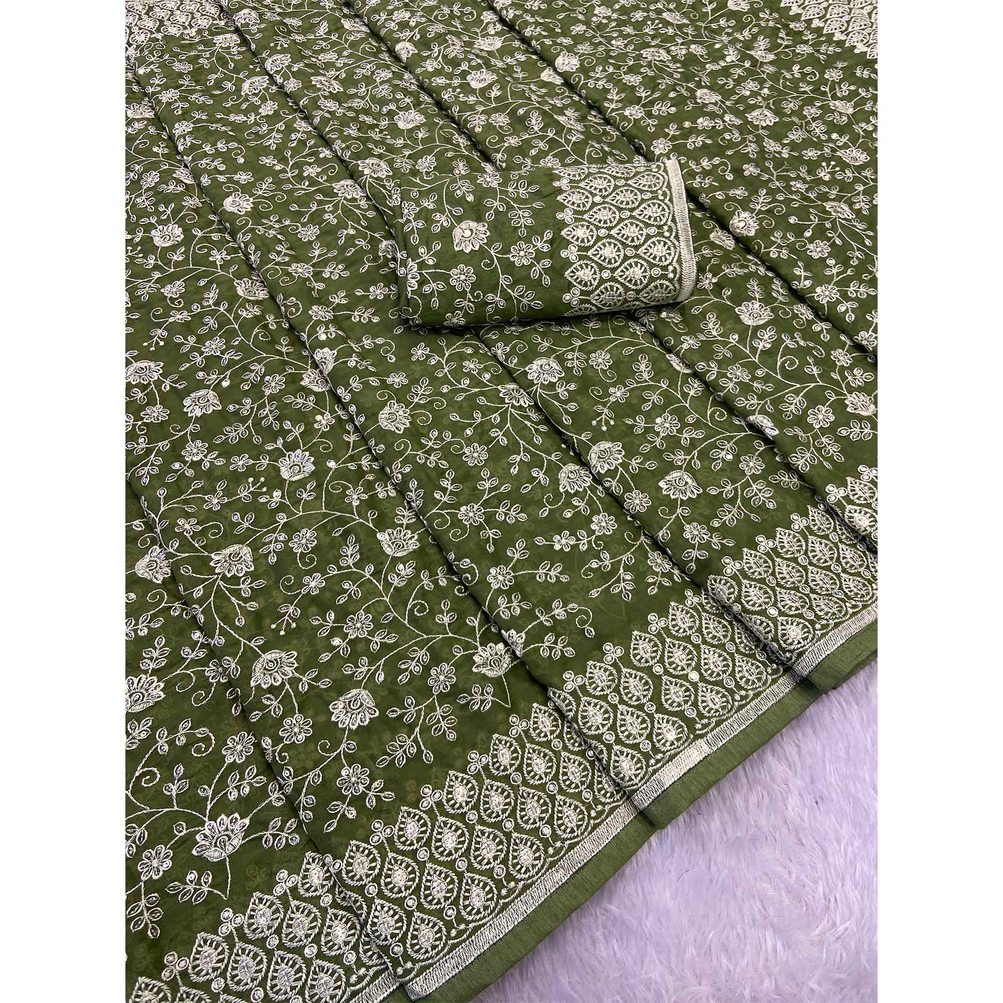 Green Georgette Saree With Sparkling Sequins & Delicate Floral Embroidery