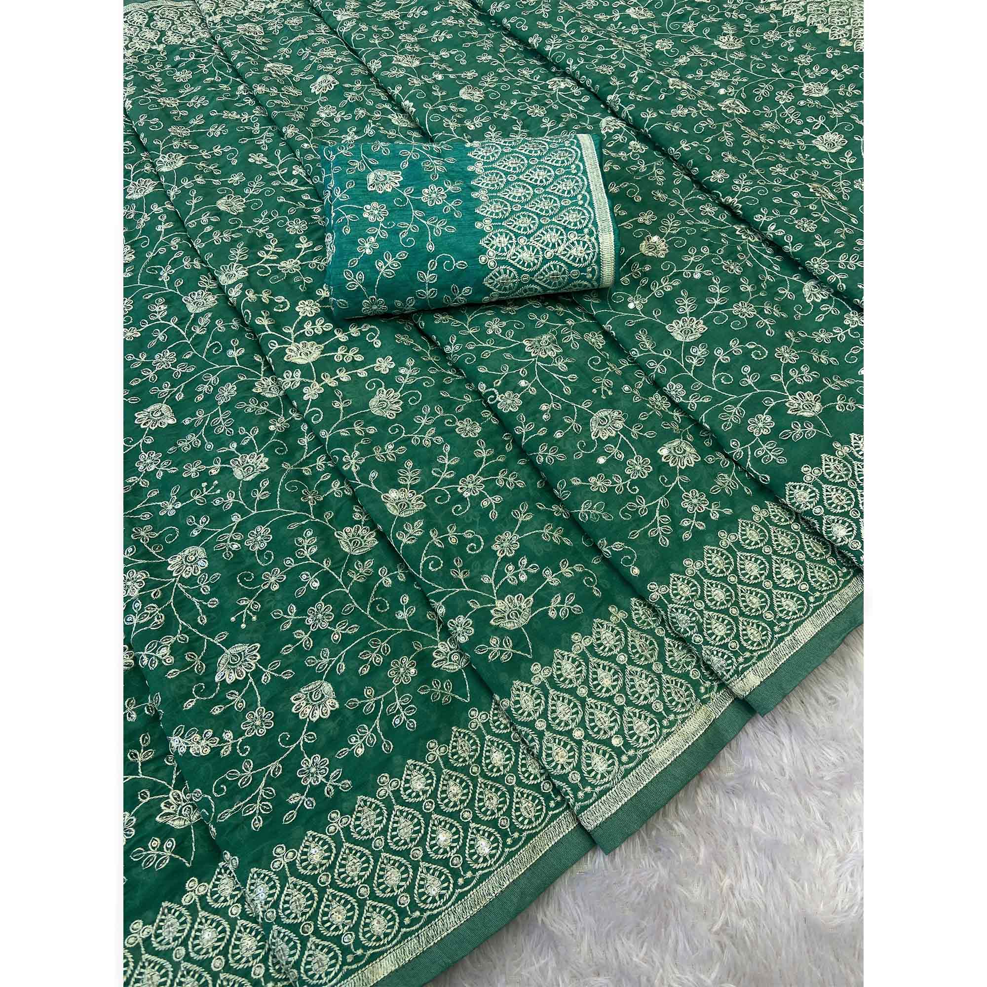 Rama Green Georgette Saree With Sparkling Sequins & Delicate Floral Embroidery