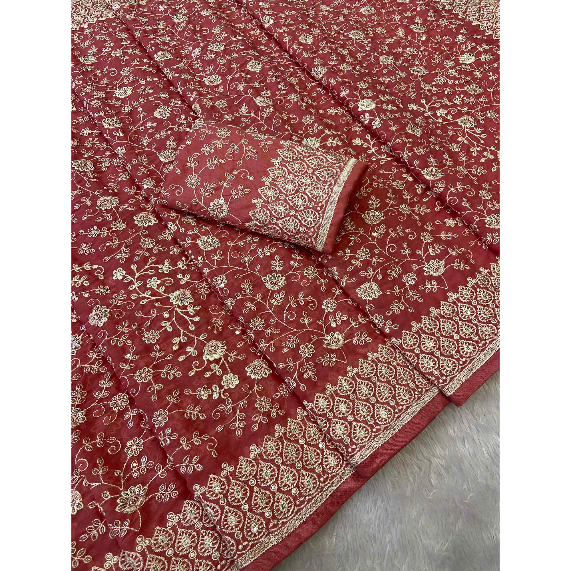 Rusty Red Georgette Saree With Sparkling Sequins & Delicate Floral Embroidery