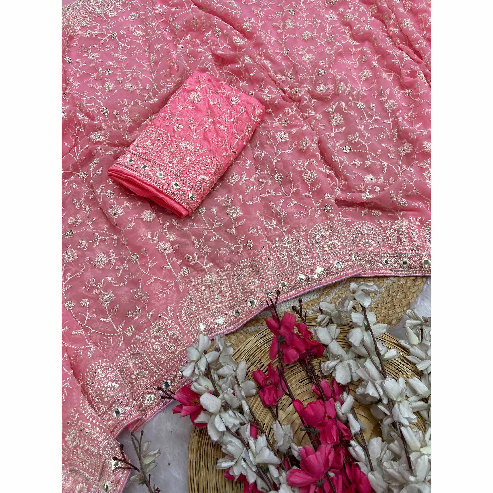 Baby Pink Floral Embroidered Georgette Saree With Sequin Highlights
