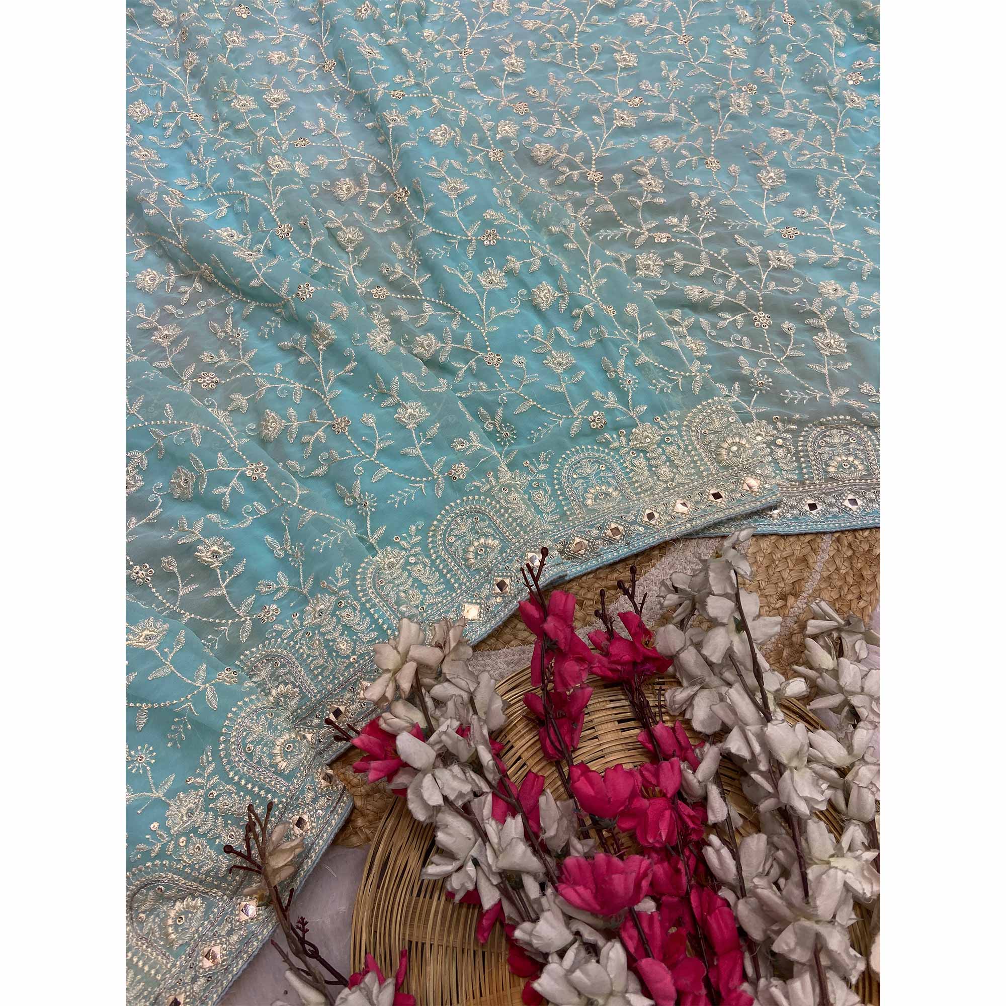 Blue Floral Embroidered Georgette Saree With Sequin Highlights