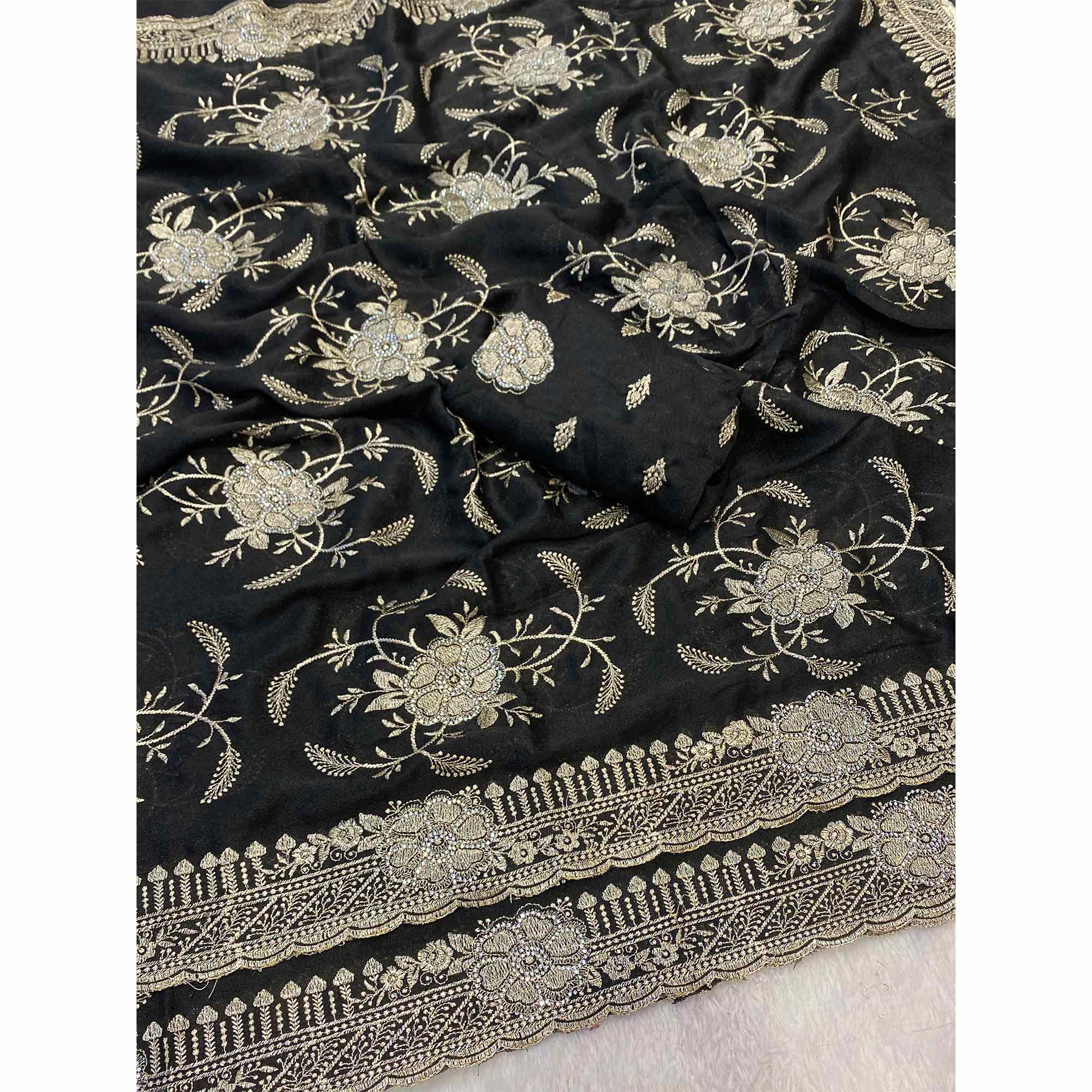 Black Georgette Saree Exquisite Star Embroidery Party Ready Ethnic