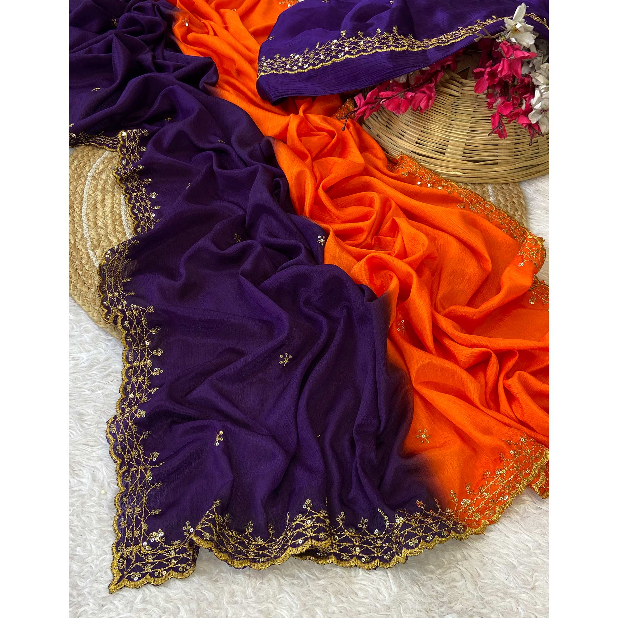 Purple & Orange Chinon Saree With Delicate Floral Sequins Work And Lace Border