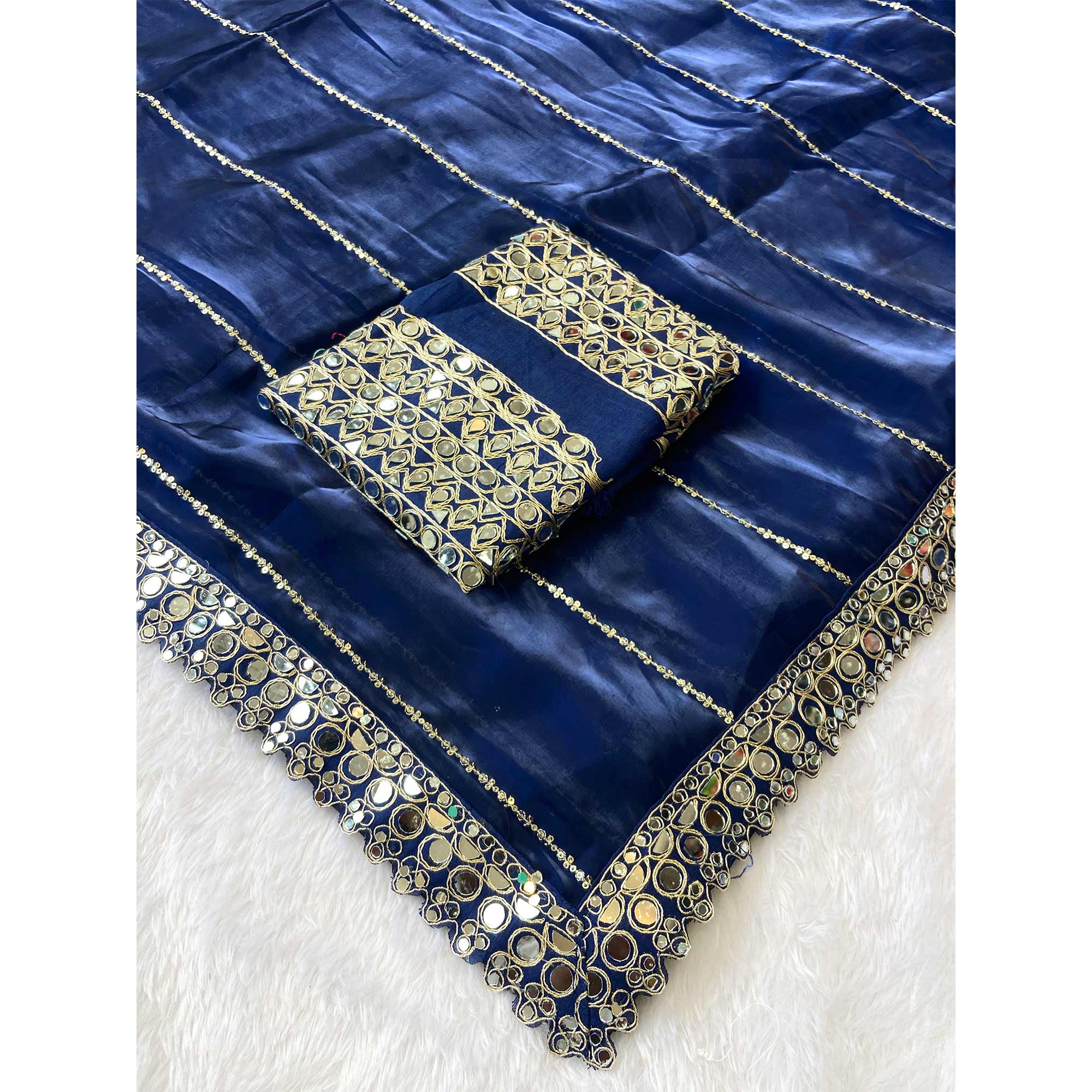 Blue Jimmy Choo Satin Saree Adorned With Sequins Embroidery & Mirror Accents