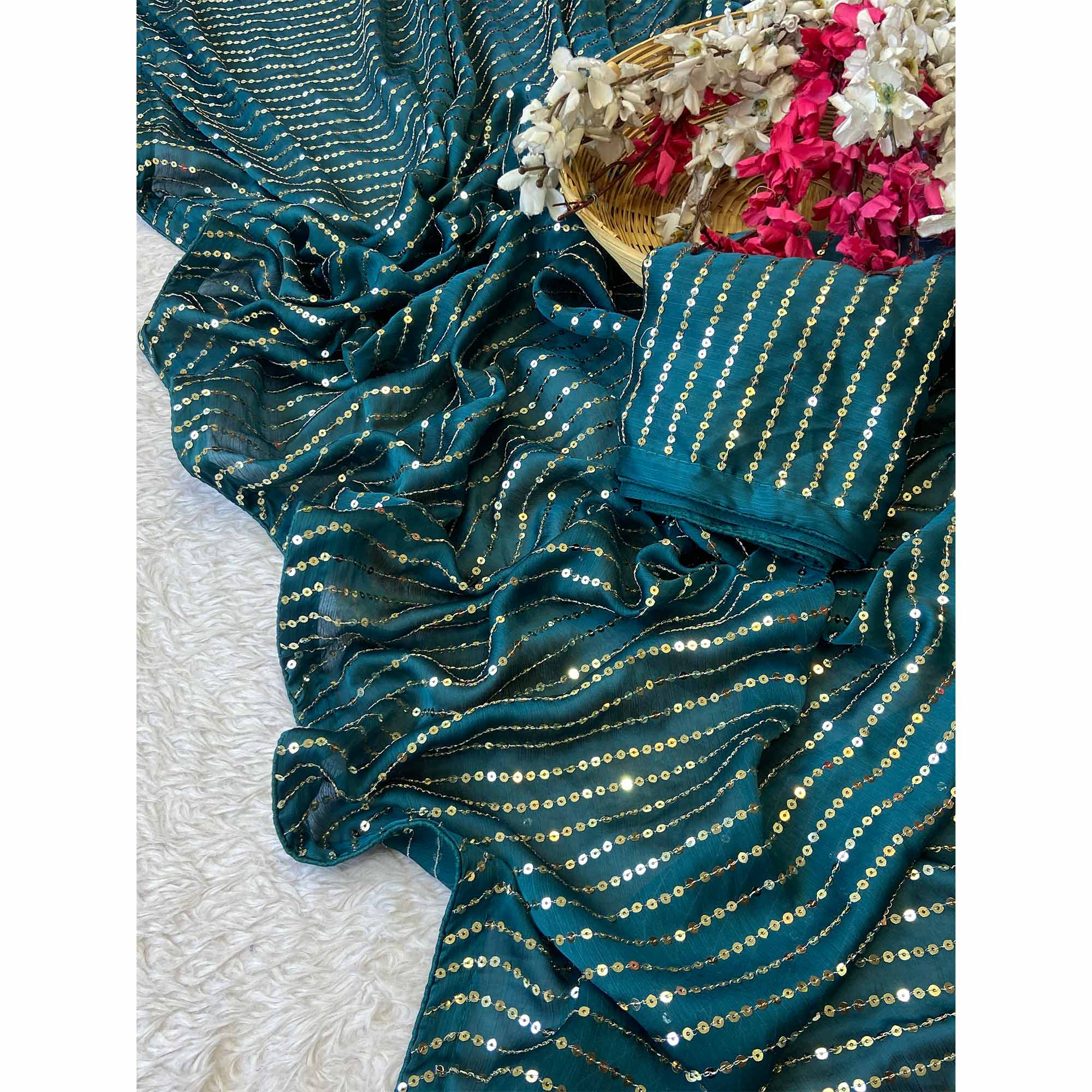 Blue Satin Saree With Shimmering Striped Sequins Embroidered Detailing
