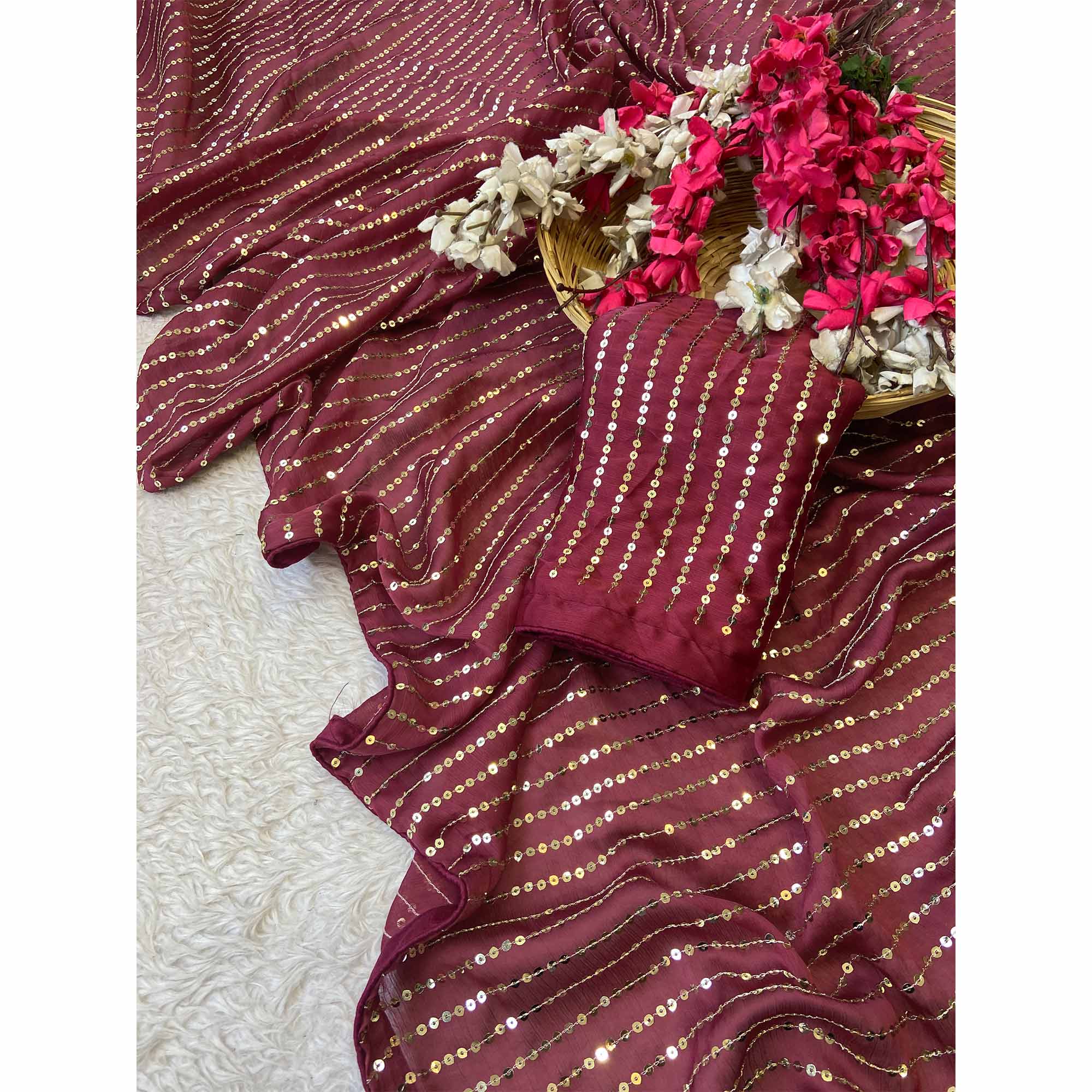 Maroon Satin Saree With Shimmering Striped Sequins Embroidered Detailing