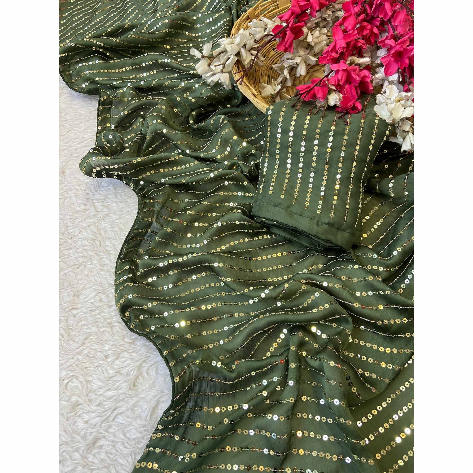 Mehendi Green Satin Saree With Shimmering Striped Sequins Embroidered Detailing